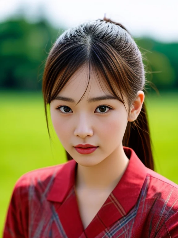 young asian woman, 25 years old, beautiful, Chest measurement 36 inches., ponytail,long, flowing, flowing up. A clear and detailed face, 8ก,Wear a red, green and blue plaid shirt. expensive silk., In the open countryside there are thatched huts with red flowers.. different behavior gestures, Take photos 16k,With a high quality Fuji camera.,45,000,000 pixels
