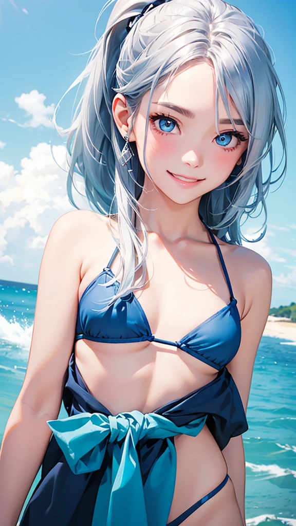 highest quality、Realistic、Women、zoom、summer、Sea of night、cute、Full make-up、Blue Eyes、Silver Hair、ponytail、Silver Bikini、smile、Looking down、smile、Bust Shot、　Small breasts