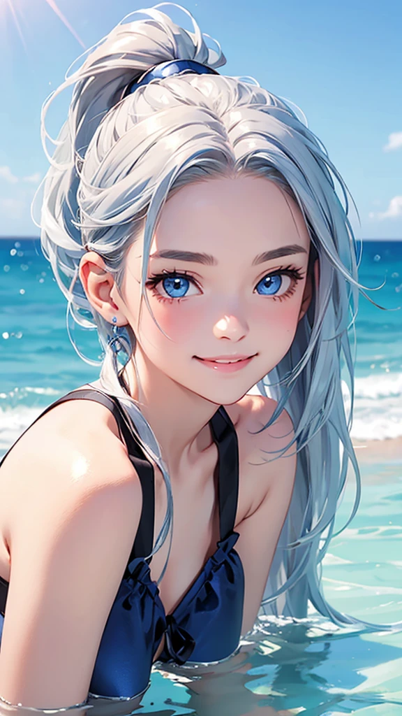 highest quality、Realistic、Women、zoom、summer、Sea of night、cute、Full make-up、Blue Eyes、Silver Hair、ponytail、Silver Bikini、smile、Looking down、smile、Bust Shot、　Small breasts