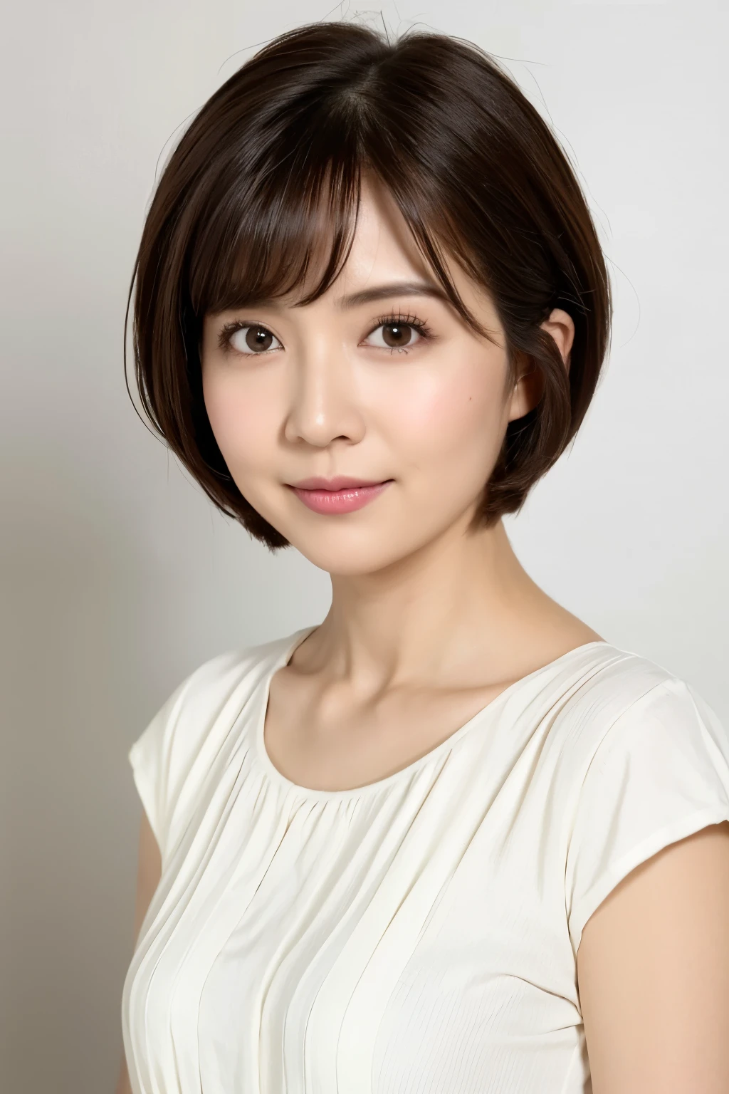(Very detailed), ((Realistic)), (Better Quality), Very beautiful woman, Bob Hair, Stylish short sleeve tops, She has sparkling eyes, 8k wallpaper, Distinct facial features, Realistic, Photorealistic, West Shot, (short hair、Shortcuts、Short Hair、Pixie Cut), Attractive figure