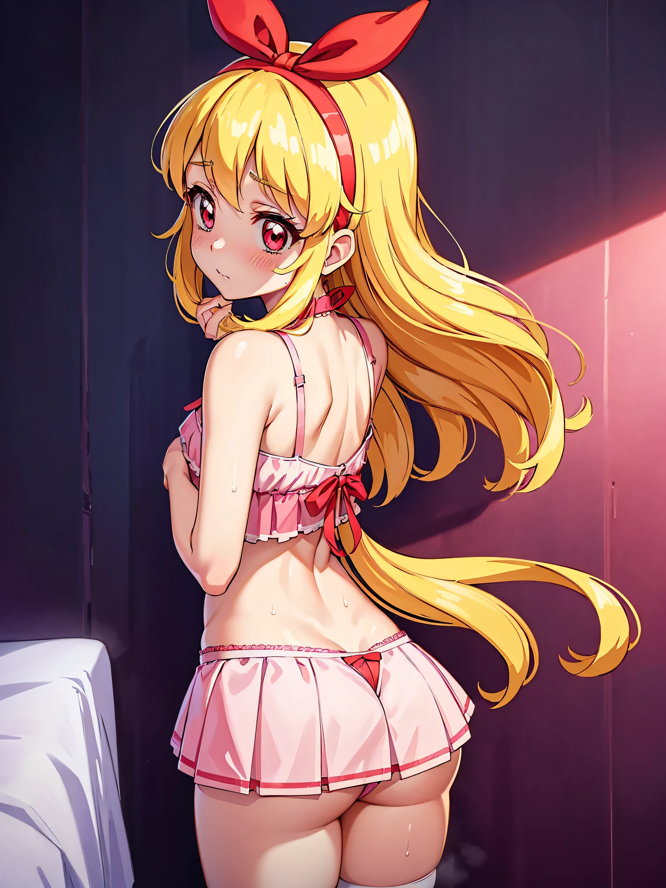 aikatsu,(RED Ribbon on HAIRband:1.2),top-quality、Super detailed anime、ultra-detailliert、masterpiece、tre anatomically correct、Shiny buttocks、(Buttocks with presence)、blond-hair、gals、long lashes、cute gal、Shy face、red blush、Rough breath、aroused、agitation、10-year-old High School Girl、hotel、bedroom、night、Big_ass、Backshots、、Pleated miniskirt、(pink side tie Thong:1.2)、black stocking、(bent down、arched back、top-down)、Crotch wet with mucus、Angle from above,,