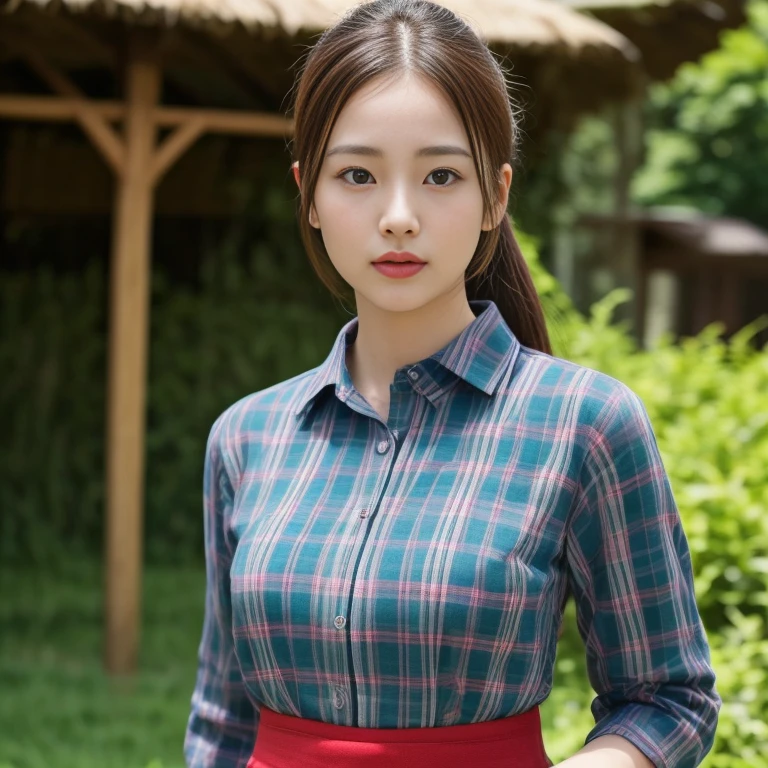 young asian woman, 25 years old, beautiful, Chest measurement 36 inches., ponytail,long, flowing, flowing up. A clear and detailed face, 8ก,Wear a red, green and blue plaid shirt. expensive silk., In the open countryside there are thatched huts with red flowers.. different behavior gestures, Take photos 16k,Shot with a high quality Fuji camera..,45,000,000 pixels