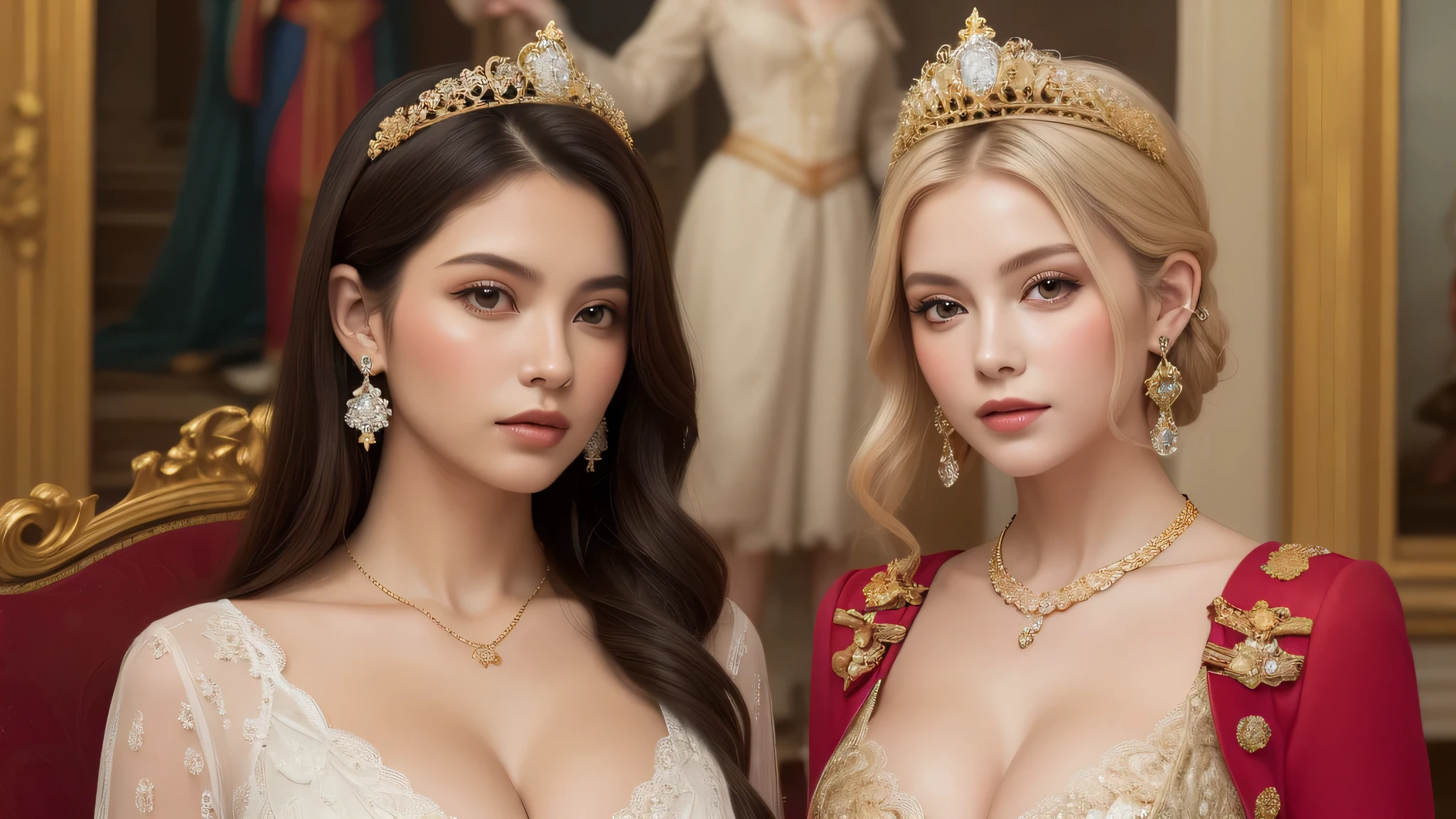 (2beautiful girl), blonde hair, (Super gorgeous lace costume, princess style:1.4), (beautiful breasts, cleavage:1.3), (best Quality:1.4), (earrings, necklace), Ultra High Definition, Superior Quality, Premier Quality, ultra detailed, Photorealistic, 8k, RAW Photos, highest quality, masterpiece, professional photography, Realistic portrait, Beautiful detailed, standing, Indoor, (royal living room, opulence, splendor, gorgeous, wall paintings of women, jewels, gold, exquisite:1.4), Close up portrait of girl, staring at me, (Fine face:1.2),