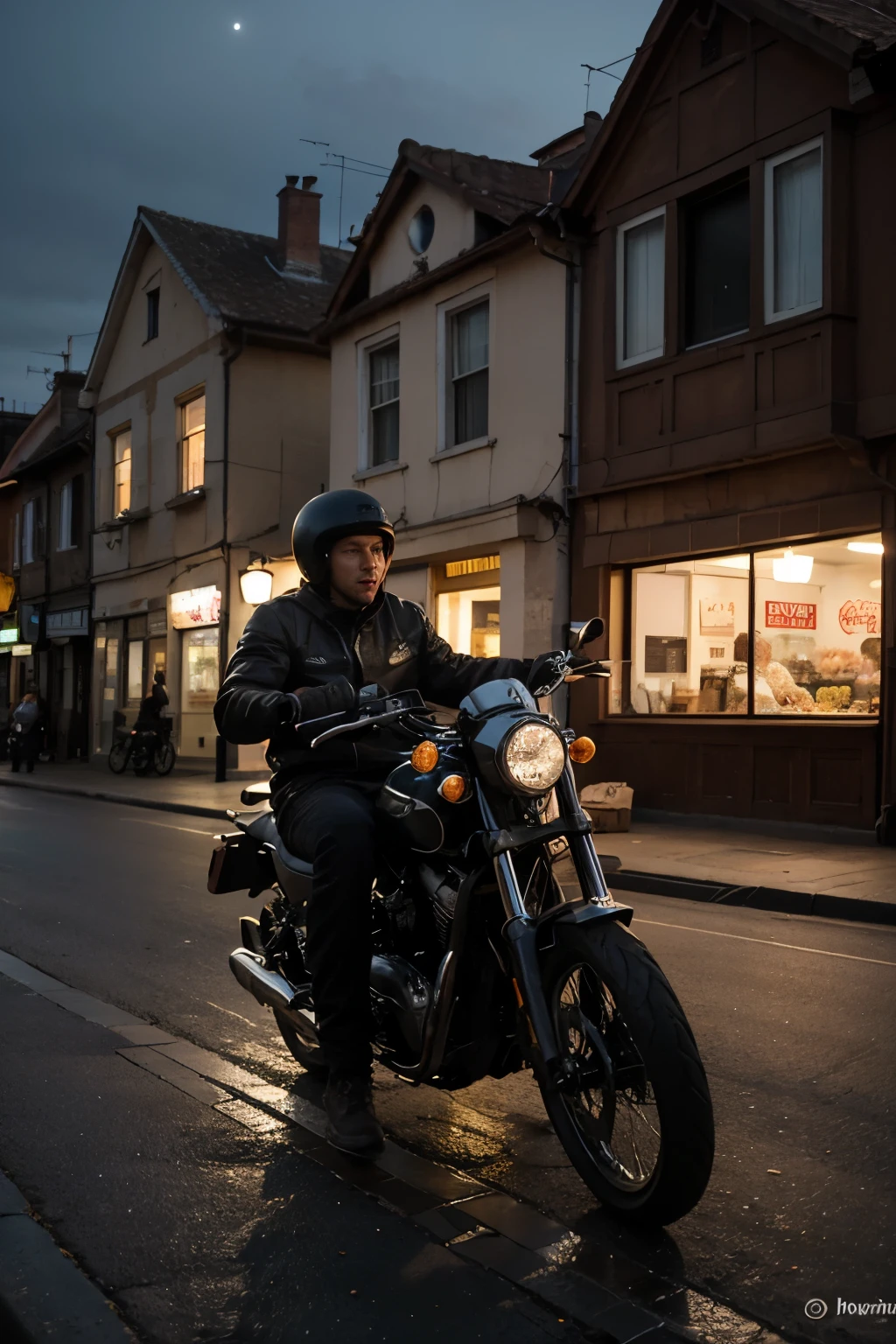 Crear una imagen de espaldas de repartidor de comida rapida en motocicleta en colonia oscura en noche