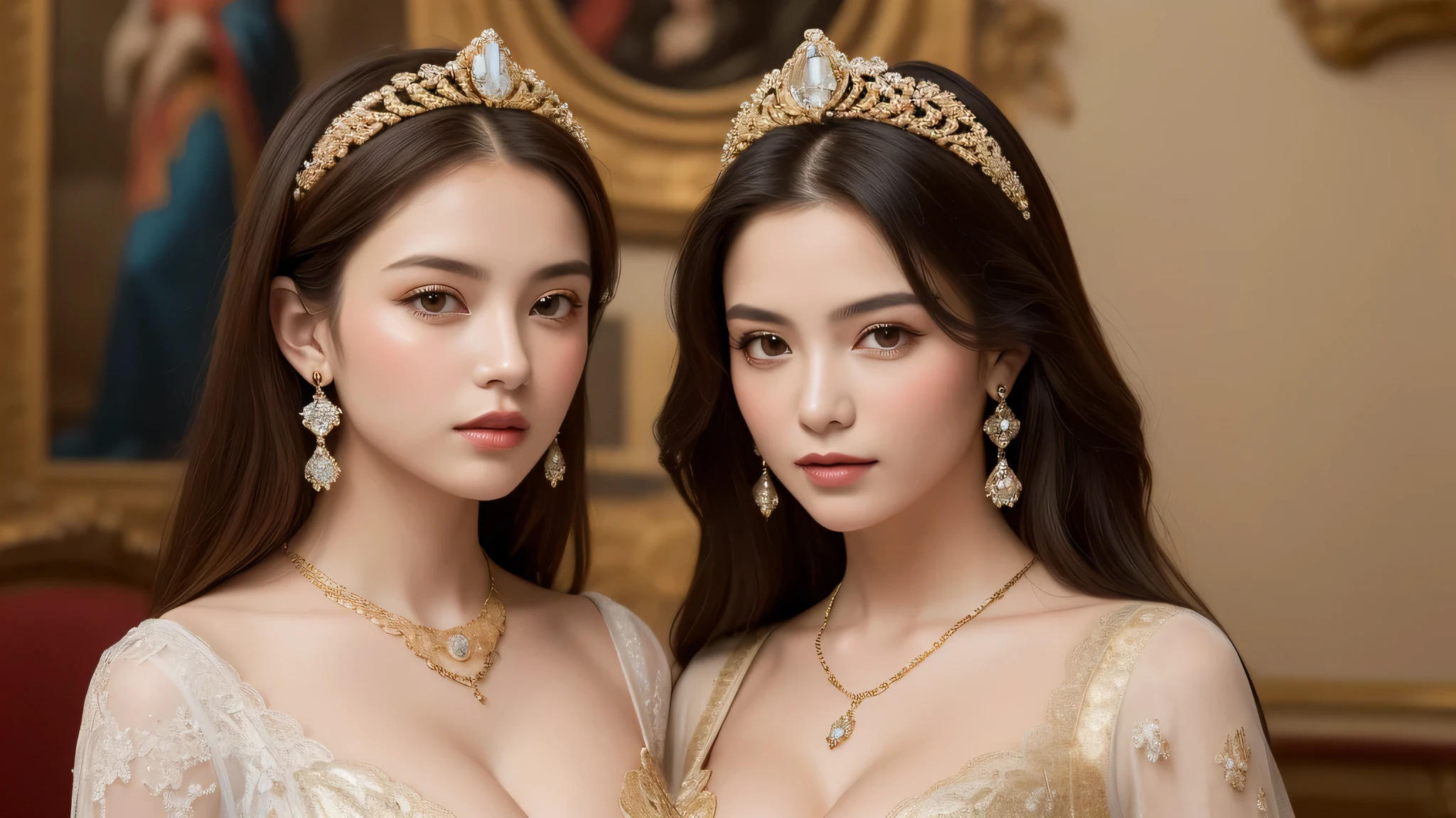 (2beautiful girl), blonde hair, (Super gorgeous lace costume, princess style:1.4), (beautiful breasts, cleavage:1.3), (best Quality:1.4), (earrings, necklace), Ultra High Definition, Superior Quality, Premier Quality, ultra detailed, Photorealistic, 8k, RAW Photos, highest quality, masterpiece, professional photography, Realistic portrait, Beautiful detailed, standing, Indoor, (royal living room, opulence, splendor, gorgeous, wall paintings of women, jewels, gold, exquisite:1.4), Close up portrait of girl, staring at me, (Fine face:1.2), 