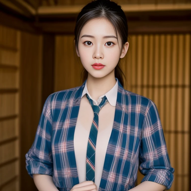 young asian woman, 25 years old, beautiful, Chest measurement 36 inches., ponytail,long, flowing, flowing up. A clear and detailed face, 8ก,Wear a red, green and blue plaid shirt. expensive silk., In the open countryside there are thatched huts with red flowers.. different behavior gestures, Take photos 16k,Shot with a high quality Fuji camera..,45,000,000 pixels
