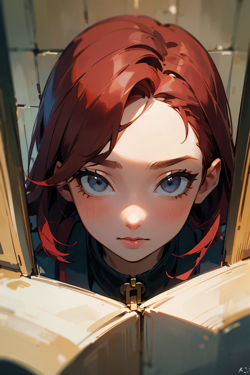((best quality)), ((masterpiece)), (detailed), perfect face
A 35 year old, tall, dark red haired woman locked onto a one bar prison