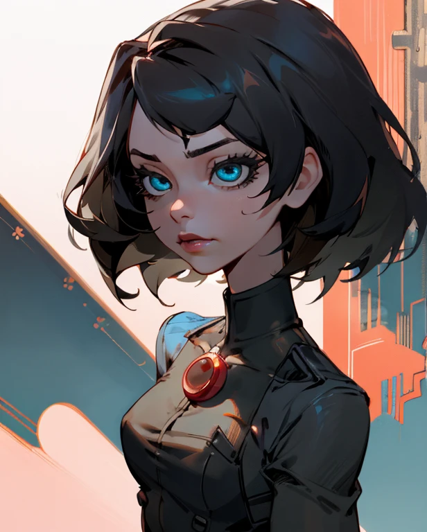 (Detailed Lights, Detailed Shadows), 1Woman, black Hair, (Elizabeth), Bioshock infinite, , White blouse, ((Detailed Eyes)), upper body view, black Eyetremely Detailed Clotheodern Clotheeautiful Hair, Muscular, glowing blue eyes, puffy lips, large breasts, Hair Down, Extremely Detailed Background, Beautiful Background