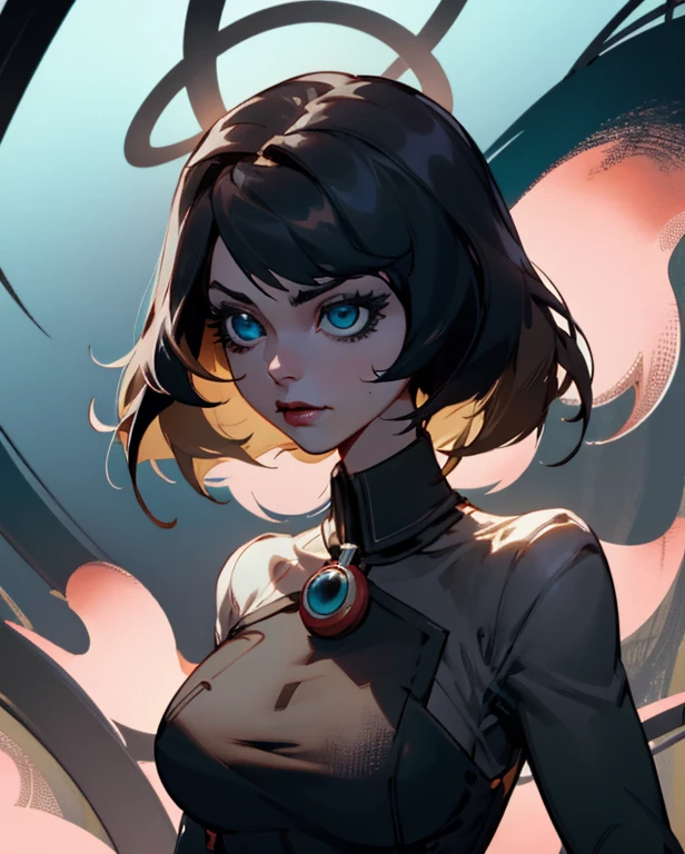 (Detailed Lights, Detailed Shadows), 1Woman, black Hair, (Elizabeth), Bioshock infinite, , White blouse, ((Detailed Eyes)), upper body view, black Eyetremely Detailed Clotheodern Clotheeautiful Hair, Muscular, glowing blue eyes, puffy lips, large breasts, Hair Down, Extremely Detailed Background, Beautiful Background