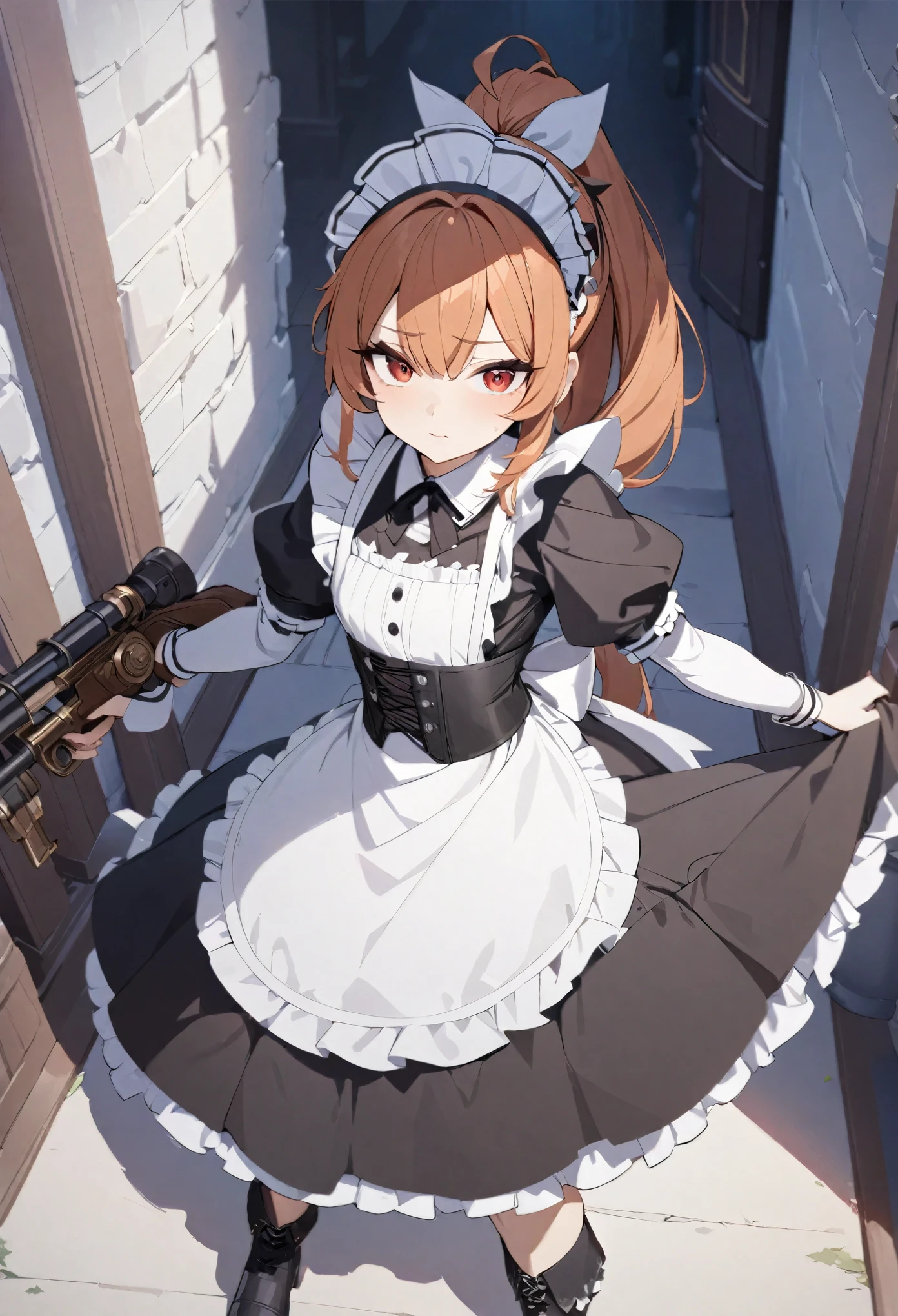 (best quality,4k,8k,highres,masterpiece:1.2),ultra-detailed, (1girl) A cute teenage gunslinger maid with red eyes, drawn in anime style, spiky ginger hair in a long ponytail, protective and caring, victorian fashion, wearing a cute black maid dress with puffy sleeves, corset, tactical gear, light armour, petticoat, bloomers, a frilly headband, a frilly white apron, high-heel boots, ribbons, holding a steampunk gun, steampunk style, guarding a castle hallway, extremely detailed eyes and face,longeyelashes,volumetric lighting,cinematic lighting,protective posture,dramatic close up,highly detailed texture,intricate details.