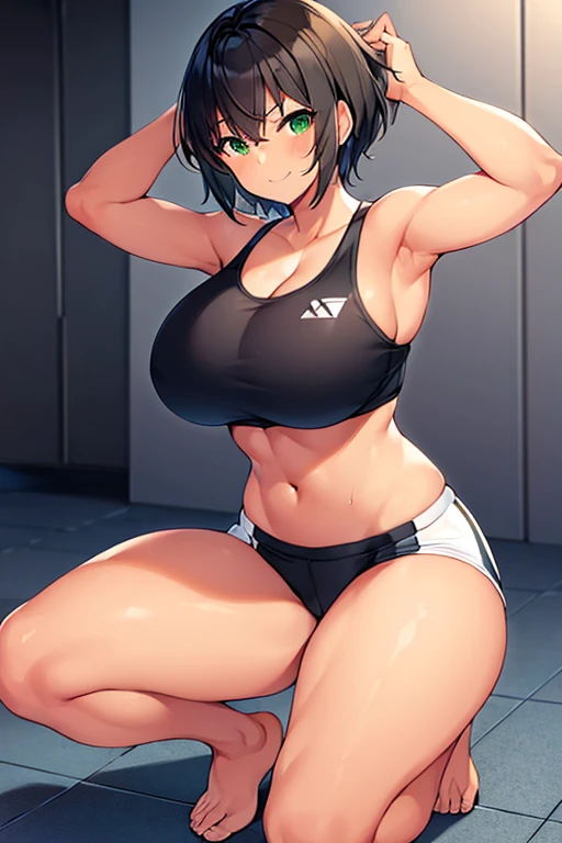 1girl, tan skin, tan-skinned female, sports bra, sportswear, huge breasts, thick thighs, black sportswear, bare legs, smile, black hair, very short hair, green eyes, pixie cut, short pants, bandage