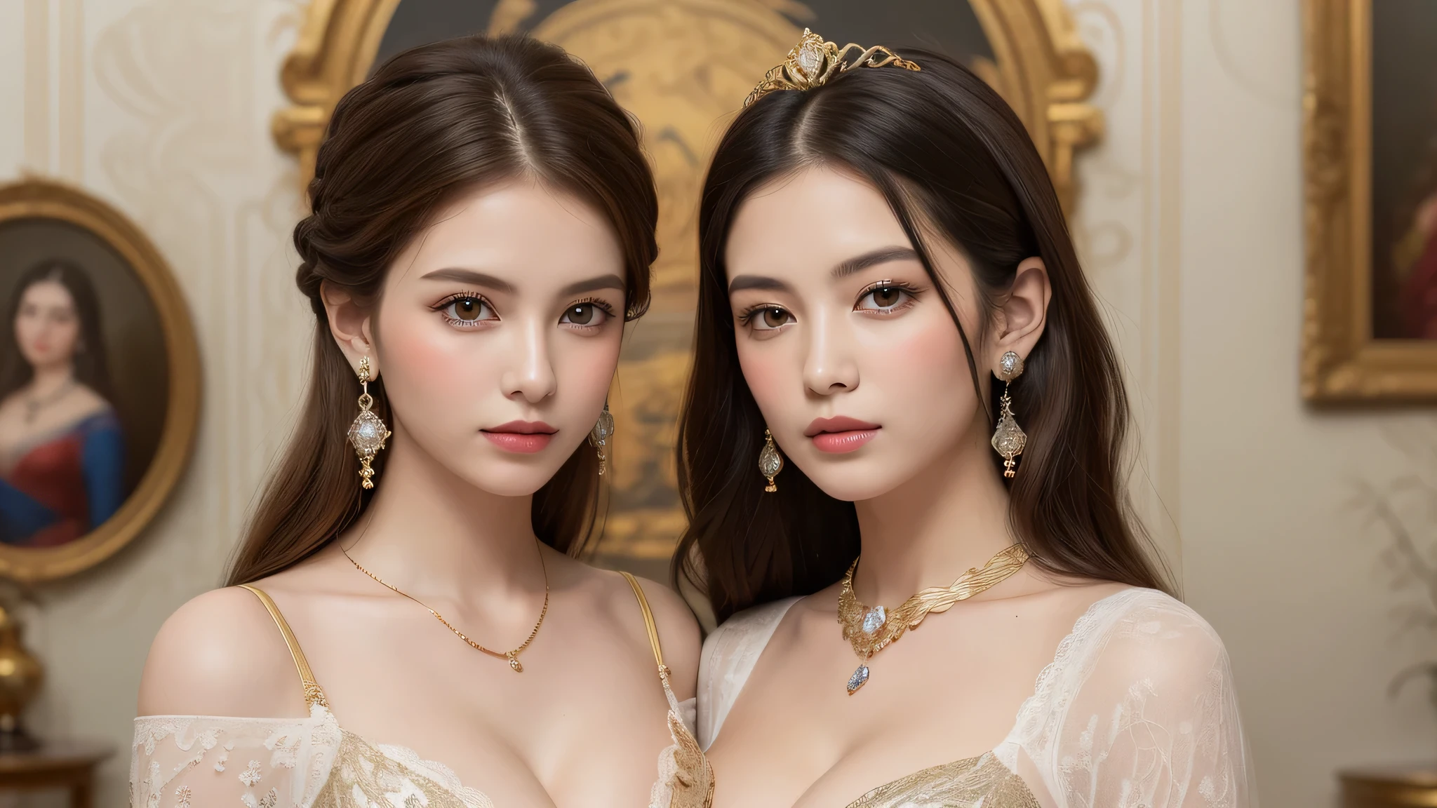 (2beautiful girl), blonde hair, (Super gorgeous lace costume, princess style:1.4), (beautiful breasts, cleavage:1.3), (best Quality:1.4), (earrings, necklace), Ultra High Definition, Superior Quality, Premier Quality, ultra detailed, Photorealistic, 8k, RAW Photos, highest quality, masterpiece, professional photography, Realistic portrait, Beautiful detailed, standing, Indoor, (royal living room, opulence, splendor, gorgeous, wall paintings of women, jewels, gold, exquisite:1.4), Close up portrait of girl, staring at me, (Fine face:1.2),