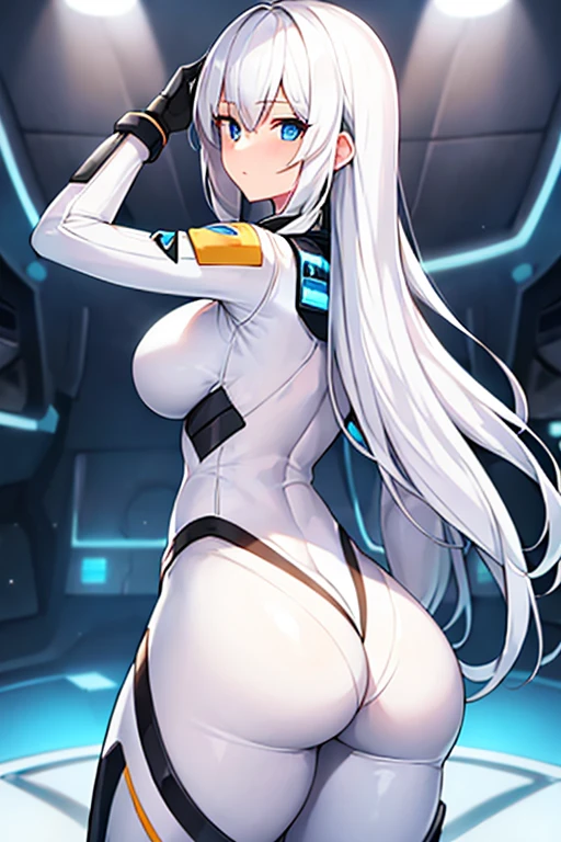 1girl, white hair, pilot suit, bodysuit, white bodysuit, long hair, blue eyes, large breasts, thick thighs, ass, from behind, futuristic, science-fiction