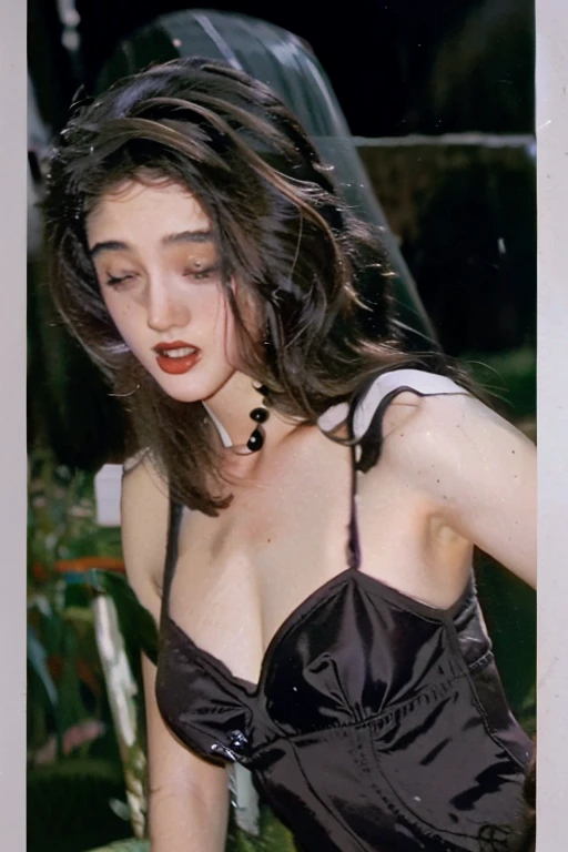 analog 35mm film still of an sks woman vampire dragonslayer, warrior, (natalia dyer), (knight, 80s dark fantasy), Labyrinth 1986, Excalibur 1981, (((dark lighting, dim lit, cinematic))), (midriff, toned abs, wide hips), cleavage, bursting cleavage, short hair, off-shoulder, bare shoulders, necklace, ((gloomy forest, rain))