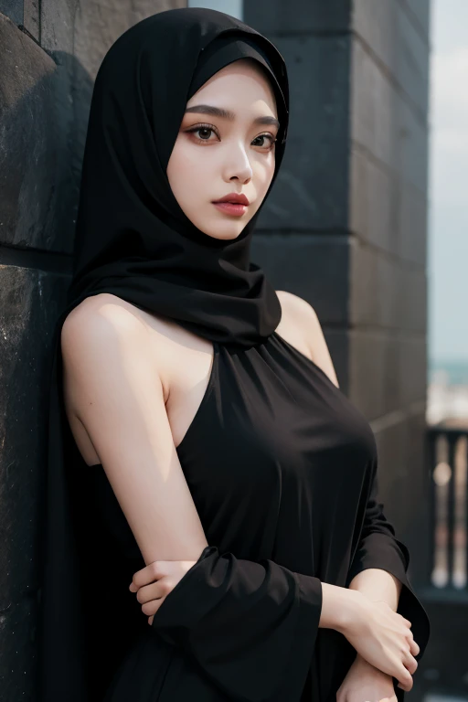 Woman wearing a black hijab, wearing spect glass, wearing long black mask