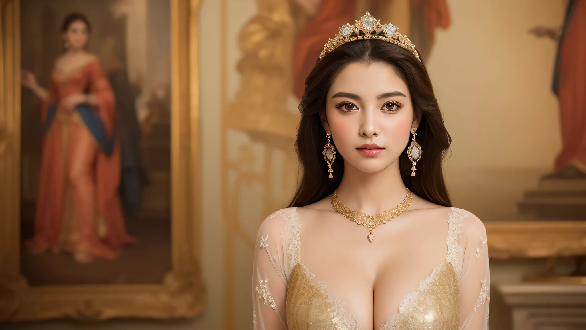 (2beautiful girl), blonde hair, (Super gorgeous lace costume, princess style:1.4), (beautiful breasts, cleavage:1.3), (best Quality:1.4), (earrings, necklace), Ultra High Definition, Superior Quality, Premier Quality, ultra detailed, Photorealistic, 8k, RAW Photos, highest quality, masterpiece, professional photography, Realistic portrait, Beautiful detailed, standing, Indoor, (royal living room, opulence, splendor, gorgeous, wall paintings of women, jewels, gold, exquisite:1.4), Close up portrait of girl, staring at me, (Fine face:1.2),