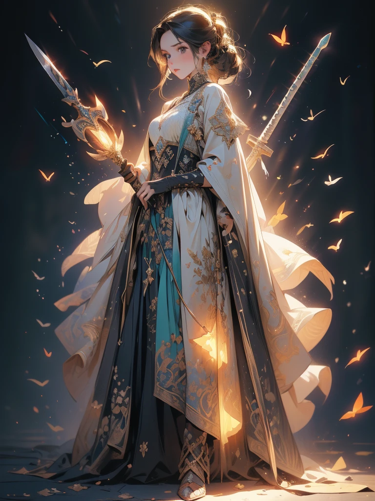 ((masterpiece)), (((best quality))), (character design sheet, same character full body, front, side, back), Illustration, 1 girl, Design a layout showcase Gaming character, (1girl). Golden+Purle clothes, stylish and unique, ((showcase weapon:1.4)), magic staff, (masterpiece:1.2), (best quality), 4k, ultra-detailed, (Step by step design, layout art:1.5), (luminous lighting, atmospheric lighting), magican, ((glove full hands)), (((revealing clothes:1.3))), vambraces, armored legwear, (((full_body_shot:1.4)))