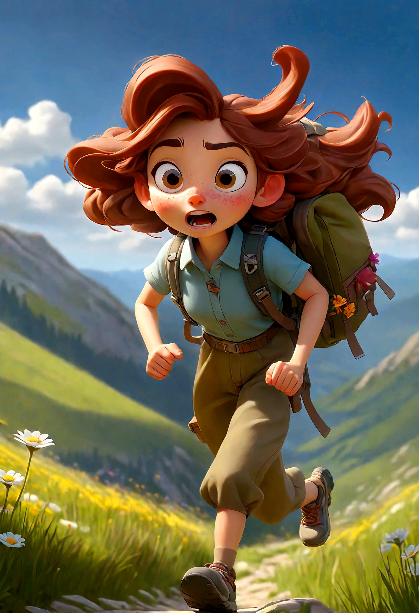 (Best quality, masterpiece), a cute girl with a hiking bag on her back, running on a mountain path with tall flowers and meadows on both sides, sun, nature, spring, happiness, blue sky in the background