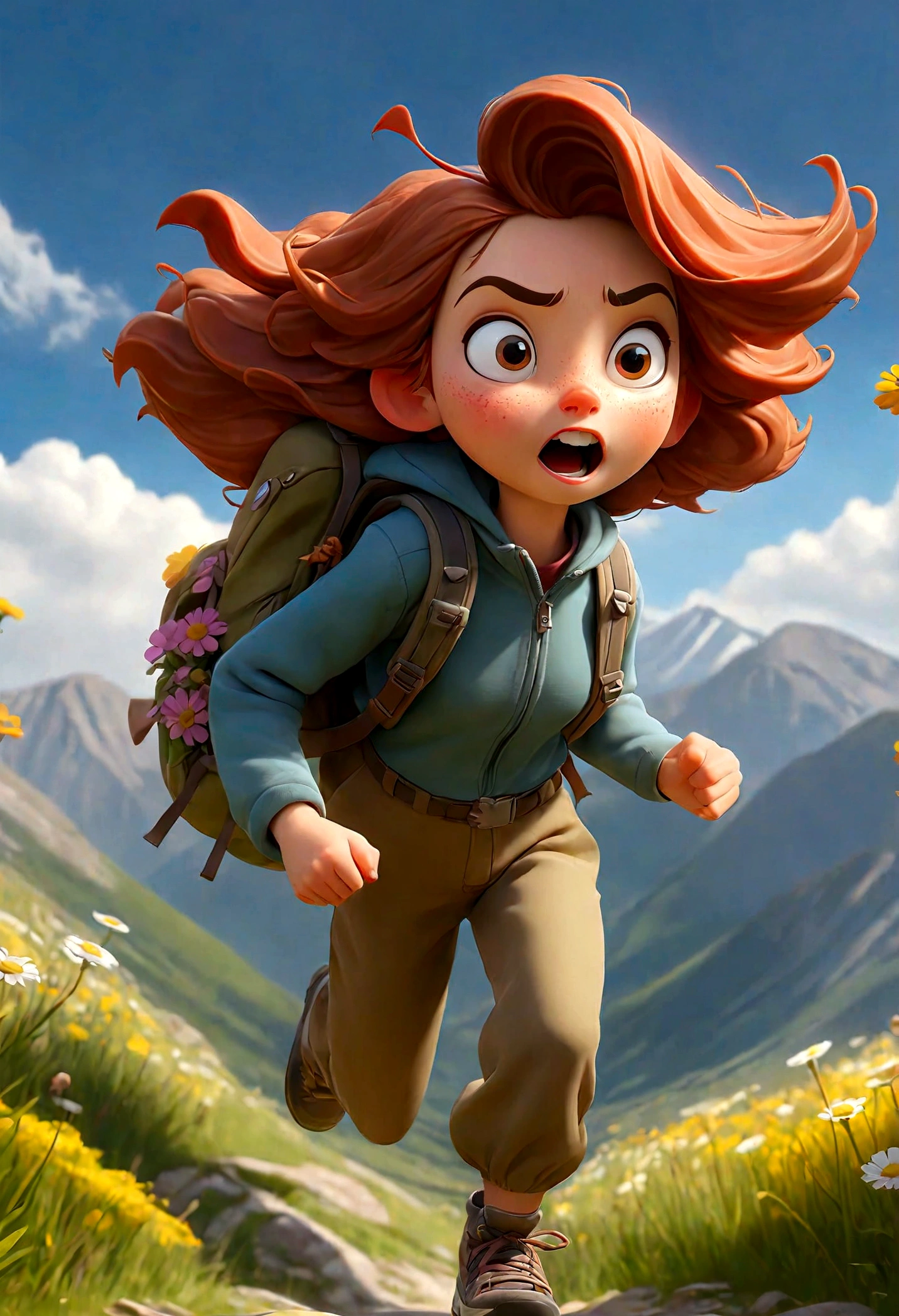 (Best quality, masterpiece), a cute girl with a hiking bag on her back, running on a mountain path with tall flowers and meadows on both sides, sun, nature, spring, happiness, blue sky in the background