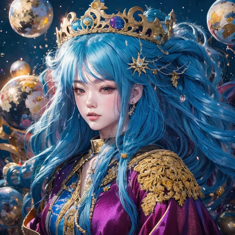 18 years old with blue hair wearing a gold crown and a blue wig, fantasy art style, ((a beautiful fantasy empress)), a beautiful fantasy empress, artwork in the style of Girl, azure. detailed hair, 18 years old, palace , a girl in 汉服, beautiful celestial mage, anime girl with cosmic hair