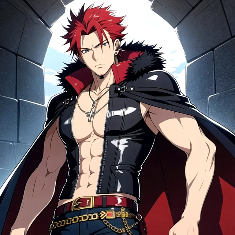 (masterpiece, best quality:1.2), 1guy, solo Mikoto Suoh, red hair, amber colored eyes, muscular, tough guy, bad boy, He wears a long black, leather jacket with a fur collar and a white V-neck shirt underneath. He wears dark blue, denim jeans held up by a simple brown belt, with a silver chain attached from the belt to his back pocket, additionally with black shoes to top off the rest of his outfit, a silver ring on his finger and a long star-shaped necklace around his neck, he also has a piercing in his left ear, ((No Cape))