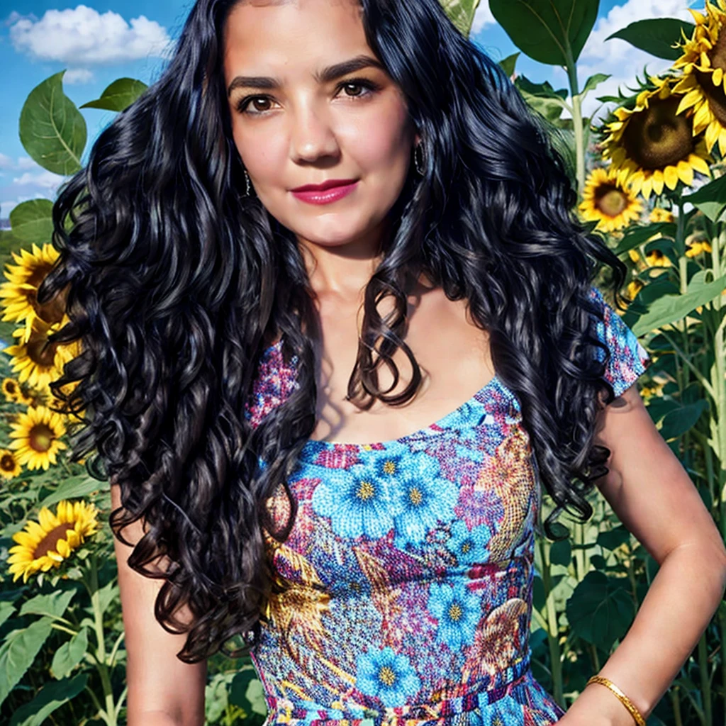close-up, 30yo woman (wavy black hair, brown eyes), detailed skin, wearing a floral detailed dress, in a sunflower garden, looking at viewer, UHD, photorealistic, realistic, 8K, 16K, masterpiece, studio lighting, professional photograph,