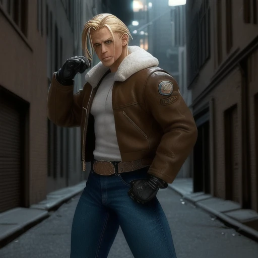 30-year-old man, alone, athletic and muscular, has shoulder-length blonde hair falling on the sides, wears a brown jacket with sheepskin on the lapels, on the arm of the jacket there is a small star in a circle, has a white shirt under jacket, blue jean pants, brown belt with a large mesh, wears black exercise gloves, fighting position looking at viewer, angry gesture, background in a realistically detailed New York alley, cinematic, ultra focus sharp, award winning photography, perfect contrast, high sharpness, depth of field, ultra detailed photography, global illumination, fluid, ultra high definition, 8k, Unreal Engine 5, ultra sharp focus, award winning photography, art season trends,
