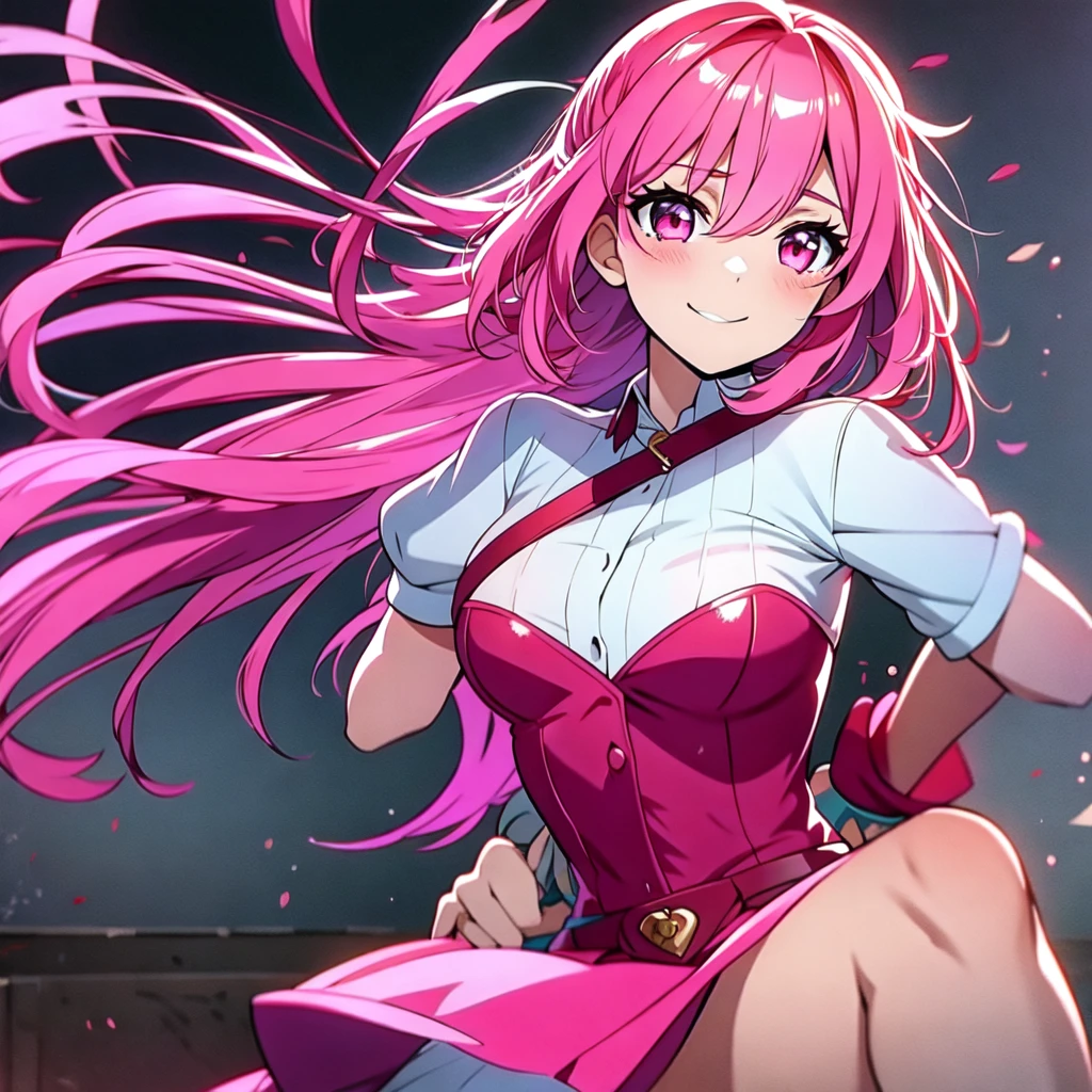 <tag: unozuki sak>(masterpiece, anatomically correct, textured skin, super detail, best quality, highres, ultra detailed), 1girl, solo, animation girl, pink eyes, big eyes, pink hair, center parted, 