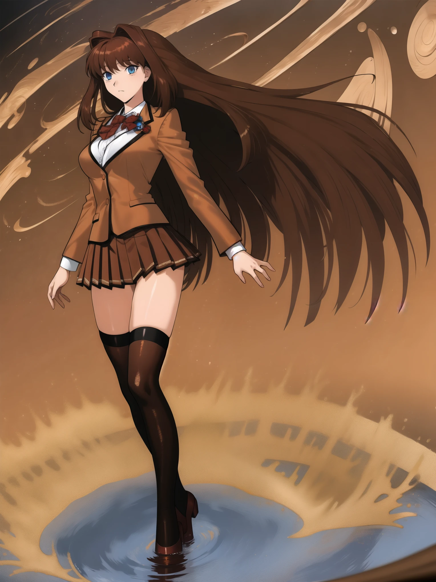BREAK, centered. BREAK, (EMPTY BACKGROUND), BREAK, (masterpiece), best quality, high resolution, 8k, illustration, (beautiful detailed eyes:1.5), extremely detailed face, extremely detailed body, CG, perfect hands, perfect anatomy, (((1girl))), ((solo)), (((bbaoko))), ((2 legs max)), ((2 feet max:1.6)), ((swirling vortex shaped longest brown hair:1.5)), (brown longest hair with slightly reddish undertone:1.6), (lush luscious longest brown hair:1.6), (very long voluminous longest brown hair:1.5), serious, blue eyes, red bowtie, (Form-fitting beige blazer:1.5), brown jacket, (highly detailed beautiful face:1.2), (white shirt:1), (well shaped large breasts:1.6), (nice hips:1), (((Umber pleated thigh-high skirt:1.6))), (((black bike shorts:1.4))), (toned thighs:1.6), (black kneesocks:1.6), (strap shoes brown color), (facing front:1.5), ((standing straight:1.5)), ((Fullbody in frame:1.6)), ((Full body:1.5)), ((takeuchi takashi:1.3))
