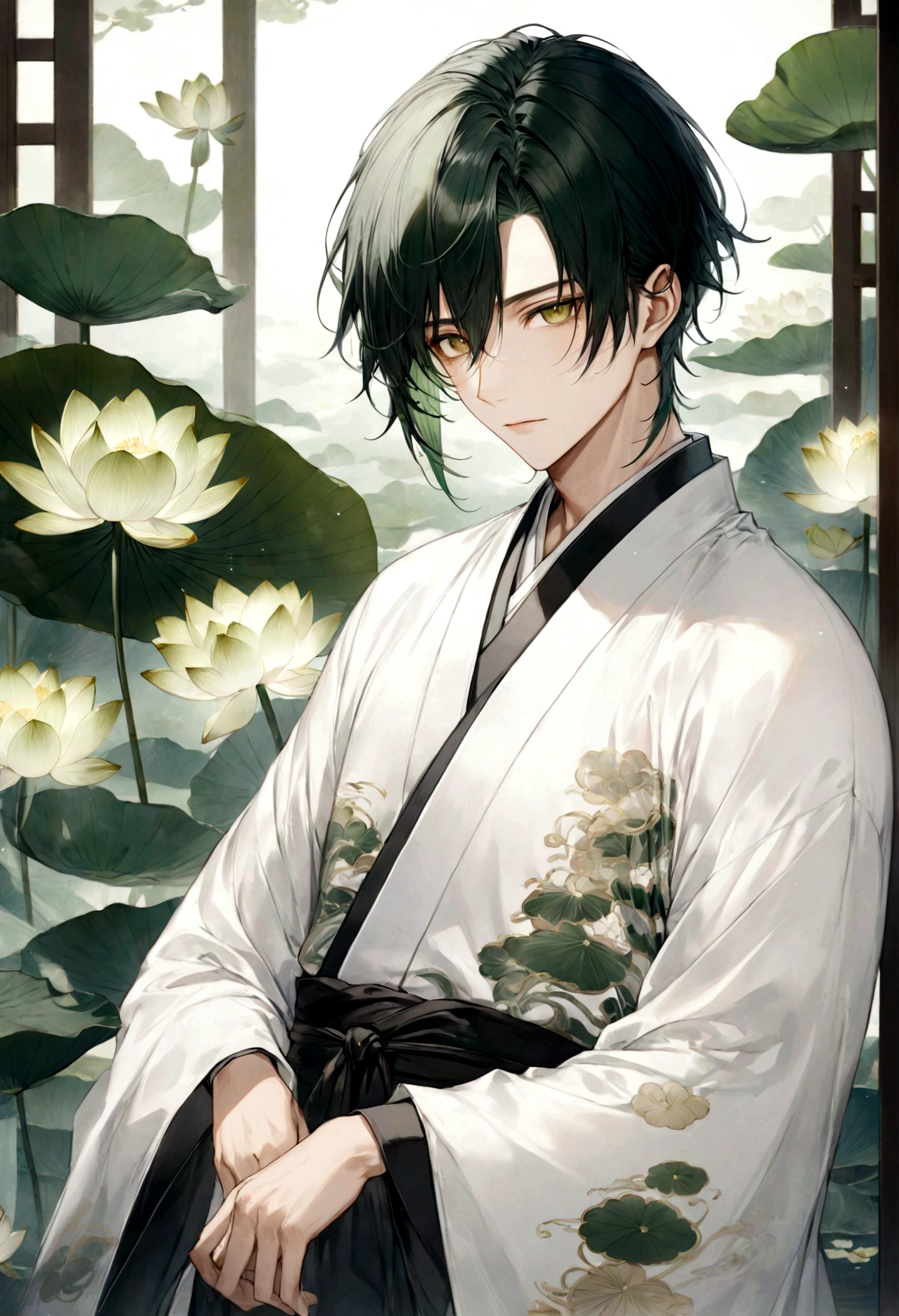 ((top-quality)), ((masterpiece)), ((ultra-detailliert)), (extremely delicate and beautiful), handsome man, dark green hair, short hair, golden eyes, serene expression, wearing wuxia styled robes, sleeves are sheer and silky, white sleeves, white robes with green patterns, lotus flowers on robe, dark pants, white lotus flowers in the background