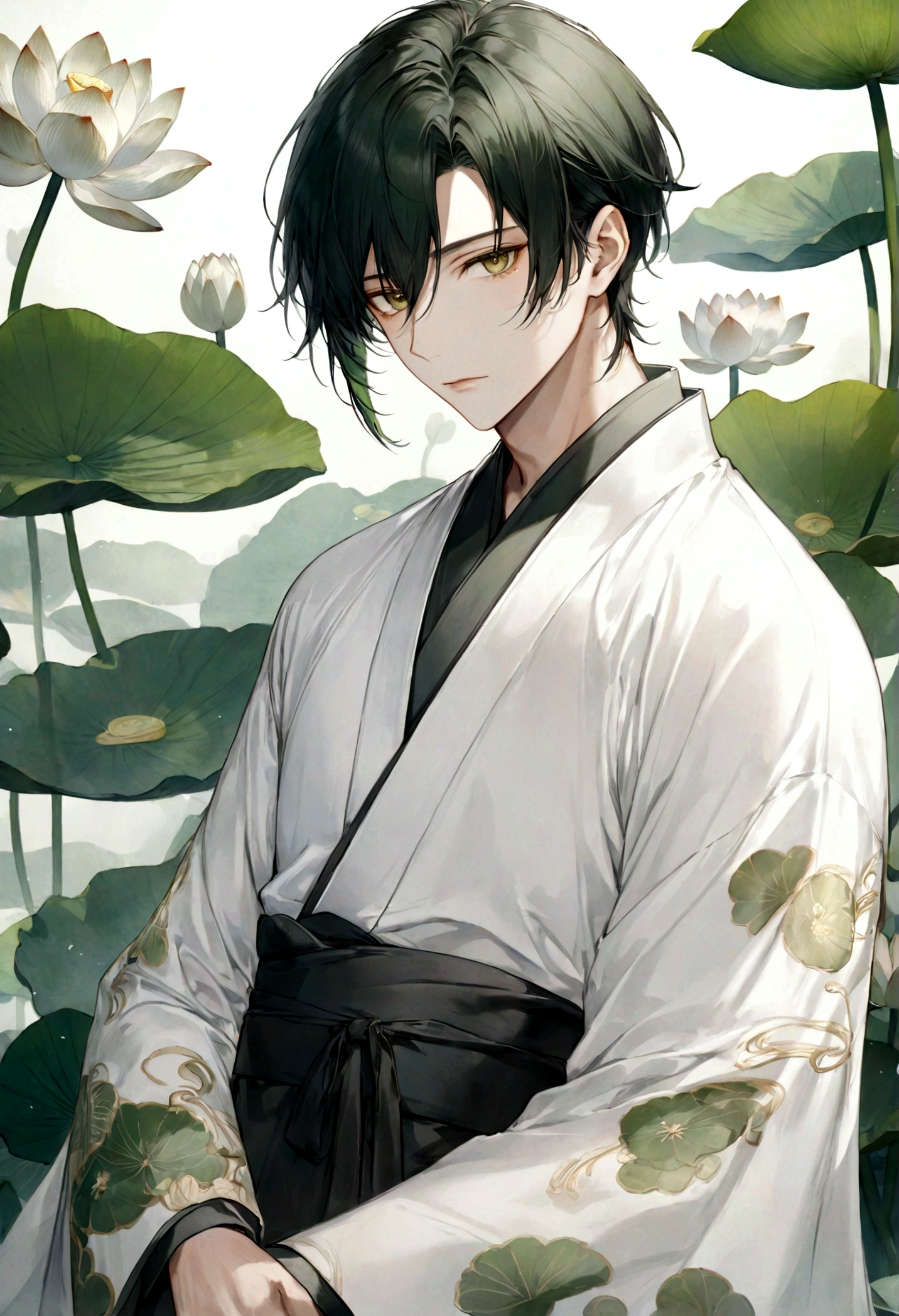 ((top-quality)), ((​masterpiece)), ((ultra-detailliert)), (extremely delicate and beautiful), handsome man, dark green hair, short hair, golden eyes, serene expression, wearing wuxia styled robes, sleeves are sheer and silky, white sleeves, white robes with green patterns, lotus flowers on robe, dark pants, white lotus flowers in the background