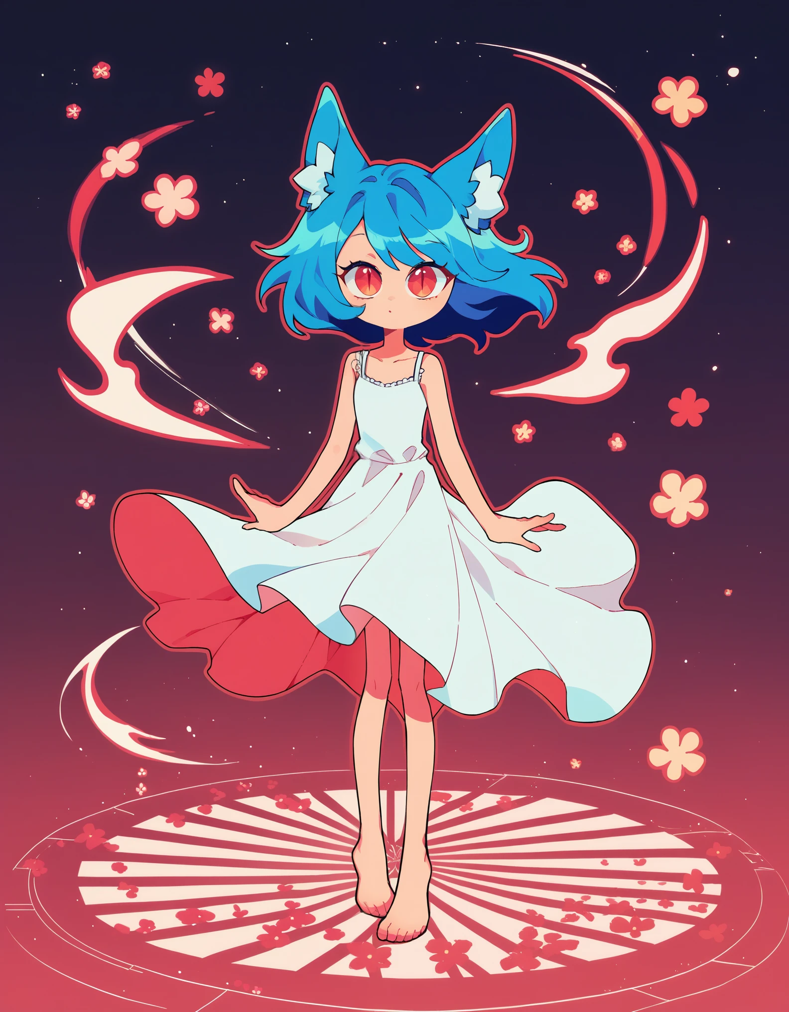 score_9, score_8_up, score_7_up, rating_safe, mwk,,

1girl, fox ears, blue hair, barefoot, white camisole, animal ear fluff, standing, full body, floating clothes, wind, garden, slit pupils, limited palette, vibrant, red outline, portrait, looking at viewer, 