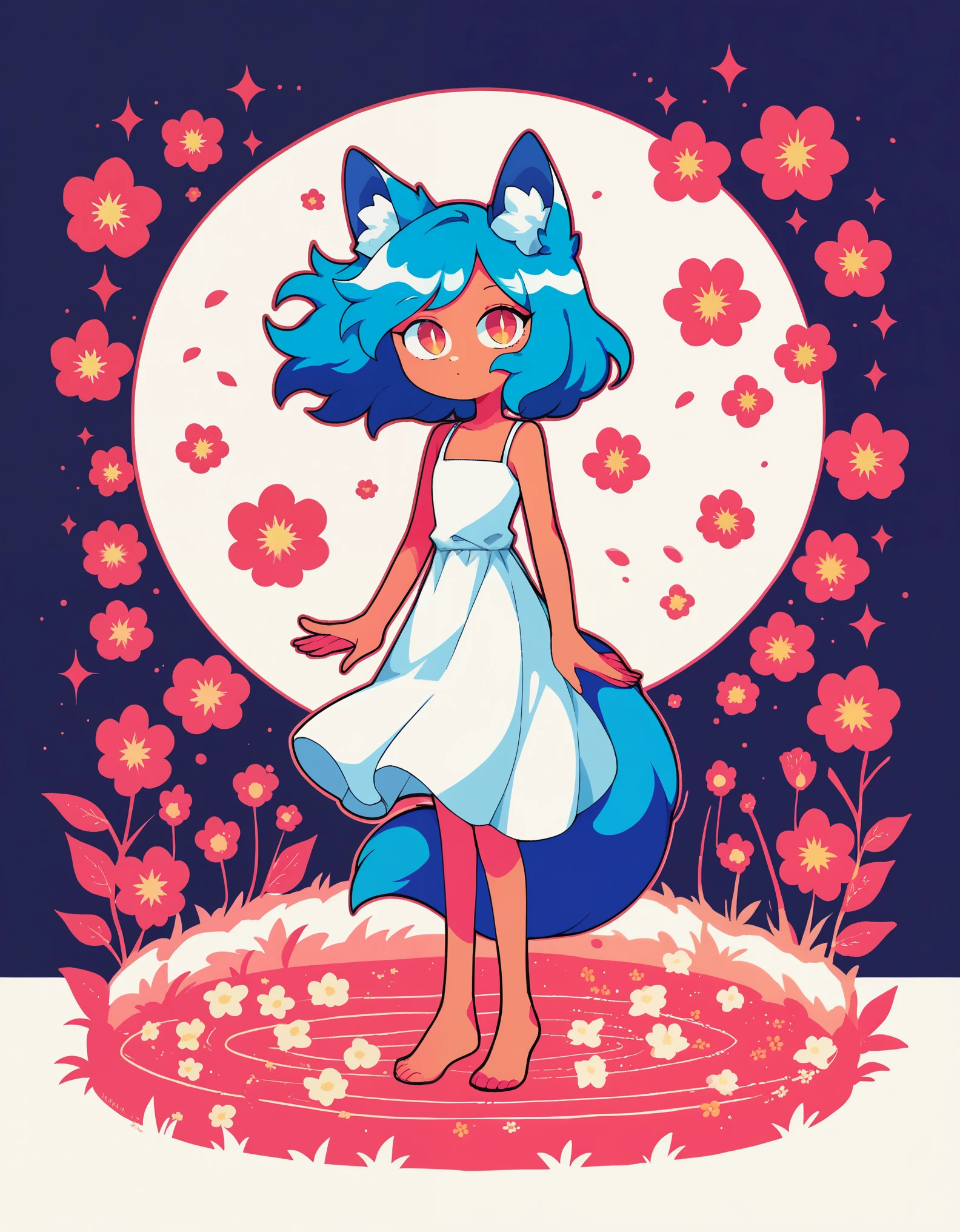 score_9, score_8_up, score_7_up, rating_safe, mwk,,

1girl, fox ears, blue hair, barefoot, white camisole, animal ear fluff, standing, full body, floating clothes, wind, garden, slit pupils, limited palette, vibrant, red outline, portrait, looking at viewer, 