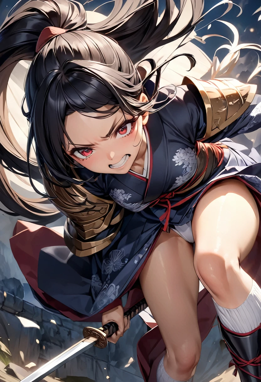 (Perfect Anatomy)、Mastepiece、Ultra High Quality、 8K、Photorealistic、masterpiece、highest quality、Ultra-high resolution、Maximum resolution、Very detailed、Professional Lighting、anime、Adult female、thin、so beautiful、samurai、Light clothing、armor、kimono、Pauldrons、Black Hair、Red Eye、High leg、Knee-high socks、Equipped with a sword、両手にEquipped with a sword、Two-Way、ponytail、Hold the sword、Action pose、Quick Movement、Swinging Down the Sword、Flowing hair,、Intense expression、Intense battle scenes