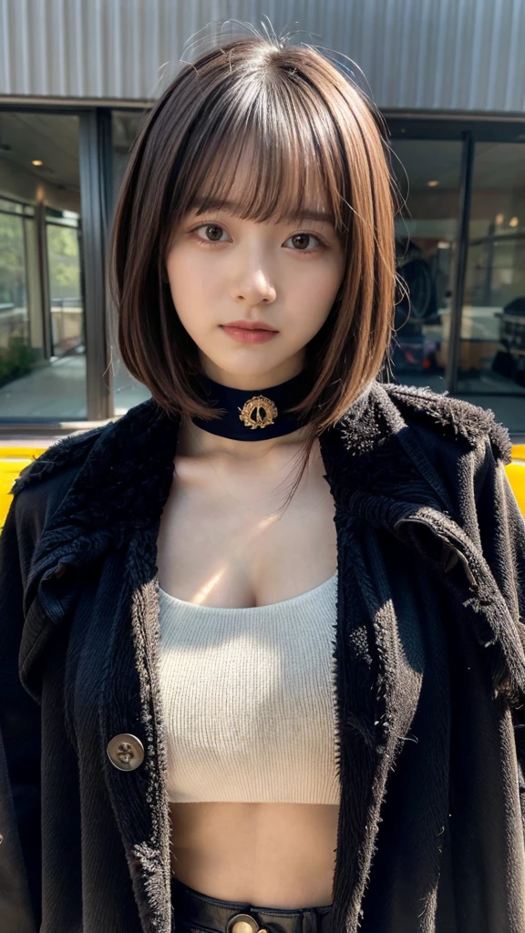 With bangs,Beautiful black hair,Woman with straight medium bob cut,,,21-year-old female,(((No hat))),Aspacarina,((Shy expression)),huge breasts,,Very beautiful eyes, ,(((Wearing a tattered black coat))),(white sweater,choker),(make:1.4),Big eyes,Hip Hop Dancer,Gangster style long pants,8k,High resolution,Gangster style,(head shot:1.5)