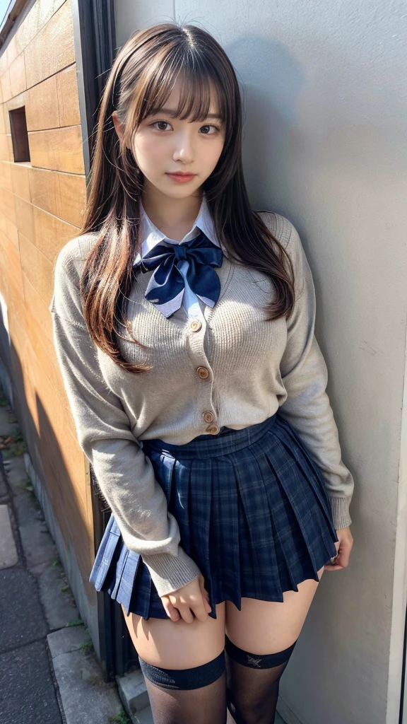 masterpiece, best quality, illustration, Super detailed, fine details, High resolution, 8K,wall paper, perfect dynamic composition,(Details High quality, realistic depiction of eyes:1.3), High School Classroom、High school girl uniform、Cardigan、Super Short Check Uniform Skirt、Navy blue high socks、garterbelts、Colossal tits、Disturbed uniform、low ponytail, black hair color, Big Natural Color Lip, bold sexy pose, (perfect body shape), crying a little、cold gaze, Harajuku style、20 year old girl、cute type, beautiful legs, hposing Gravure Idol, Voluptuous thighs