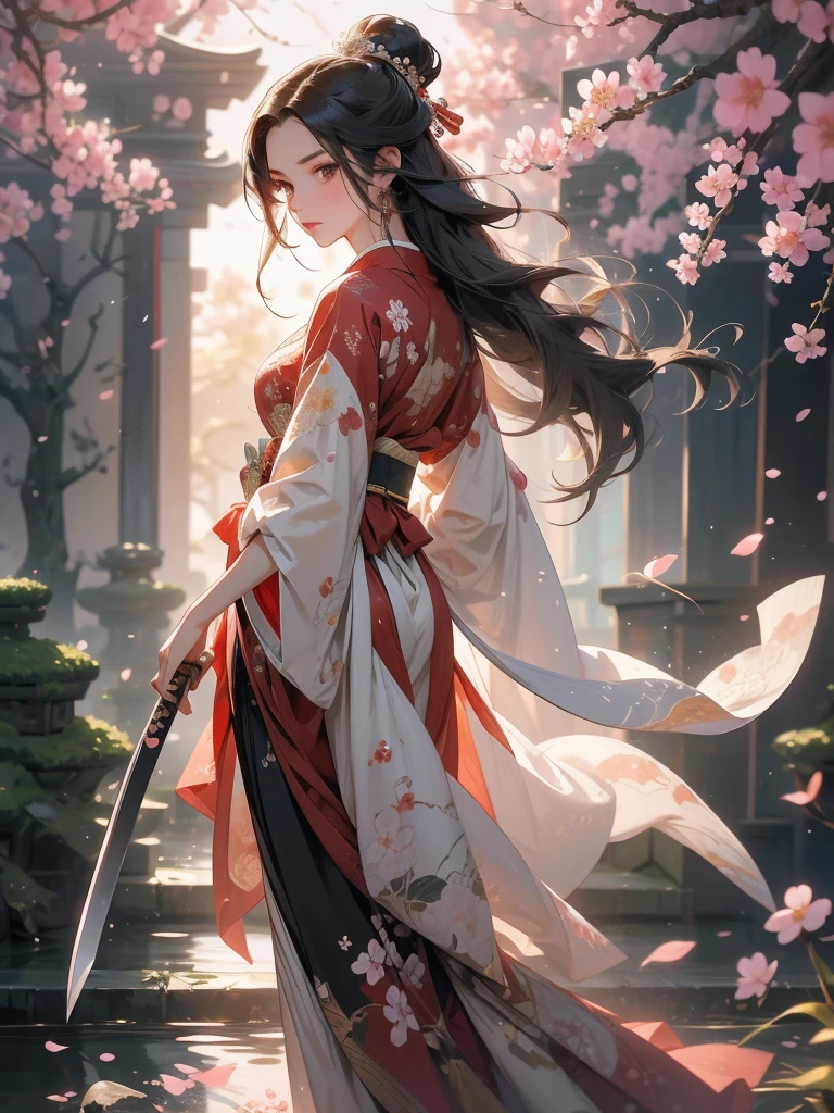 A stunning artwork of an honorable female samurai standing in a serene Japanese garden. The full-body view showcases her in traditional red and black armor, exuding an aura of disciplined strength and noble honor. Her long, flowing black hair frames a face of refined beauty, highlighted by calm brown eyes that radiate wisdom and inner peace. She holds a katana, intricately designed and glowing with precise energy, adding to her dignified presence. The scenery around her is a tranquil Japanese garden with cherry blossom trees and a gently flowing stream. Soft sunlight filtering through the blossoms and stone lanterns enhance the peaceful atmosphere, creating a scene of serene grace.