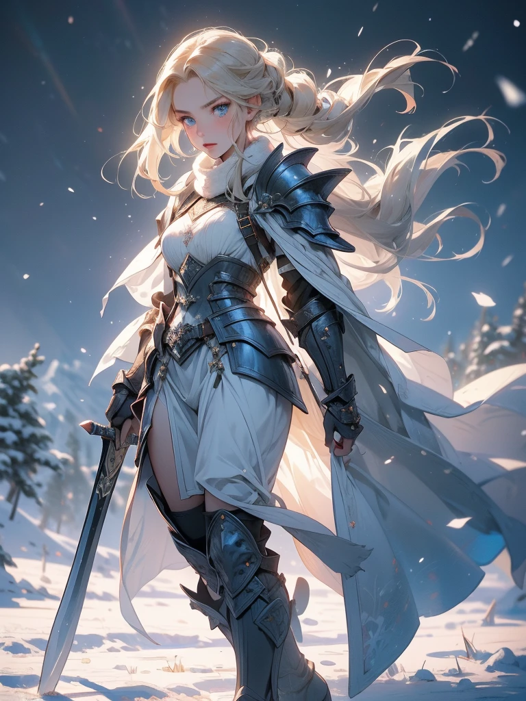 A stunning artwork of a fierce female Viking warrior standing in a snowy battlefield. The full-body view showcases her in rugged fur-lined armor, exuding an aura of indomitable strength and fierce determination. Her long, braided blonde hair frames a face of rugged beauty, highlighted by icy blue eyes that blaze with warrior's spirit and unyielding resolve. She holds a battle axe, intricately designed and gleaming with raw power, adding to her formidable presence. The scenery around her is a harsh, snow-covered battlefield with icy winds and towering mountains in the distance. Falling snow and the distant glow of campfires enhance the cold, battle-ready atmosphere, creating a scene of epic struggle.