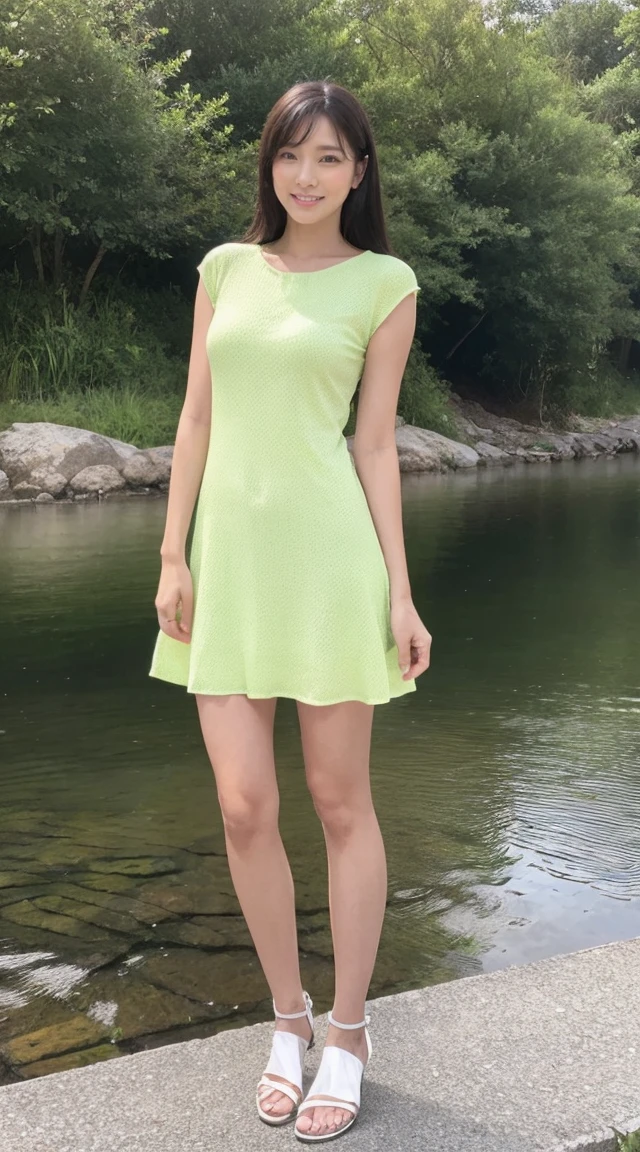 detailed,Clear lines,highest quality, masterpiece,Bright and dark light、Canon Photo Crystal Clear ,(Realistically:1.2), (Lime green knit dress)、Action pose、Take a full body photo、A sloppy smile、Glamour body type、Medium Long Hair、Valley、Step into the river、Sandals