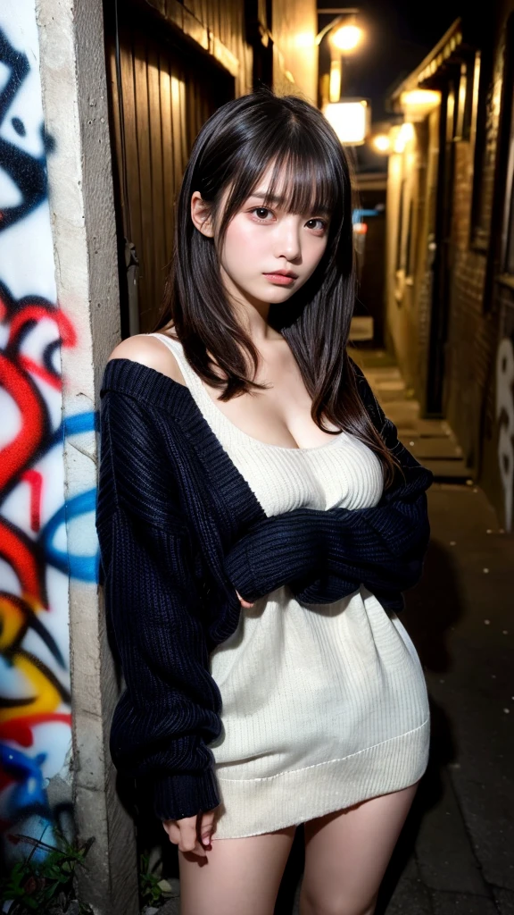 masterpiece, best quality, illustration, Super detailed, fine details, High resolution, 8K,wall paper, perfect dynamic composition,(Details High quality, realistic depiction of eyes:1.3), (Japanese girl standing in a dirty back alley at night, hands on head, graffitied wall:1.1), ((white hand-knitted long sweater, v-neck sweater, oversized clothes)), black hair color, Big Natural Color Lip, seductive face, provocative look, crying a little、cold gaze, Harajuku style、(graffiti), night time, 20 year old girl、cute type、lolita, Gravure Idol, full body photo、focus on crotch, huge breasts, plump breasts
