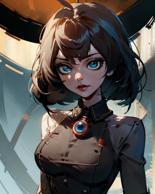 (Detailed Lights, Detailed Shadows), 1Woman, black Hair, (Elizabeth), Bioshock infinite, , White blouse, ((Detailed Eyes)), upper body view, black Eyetremely Detailed Clotheodern Clotheeautiful Hair, Muscular, glowing blue eyes, puffy lips, large breasts, Hair Down, Extremely Detailed Background, Beautiful Background