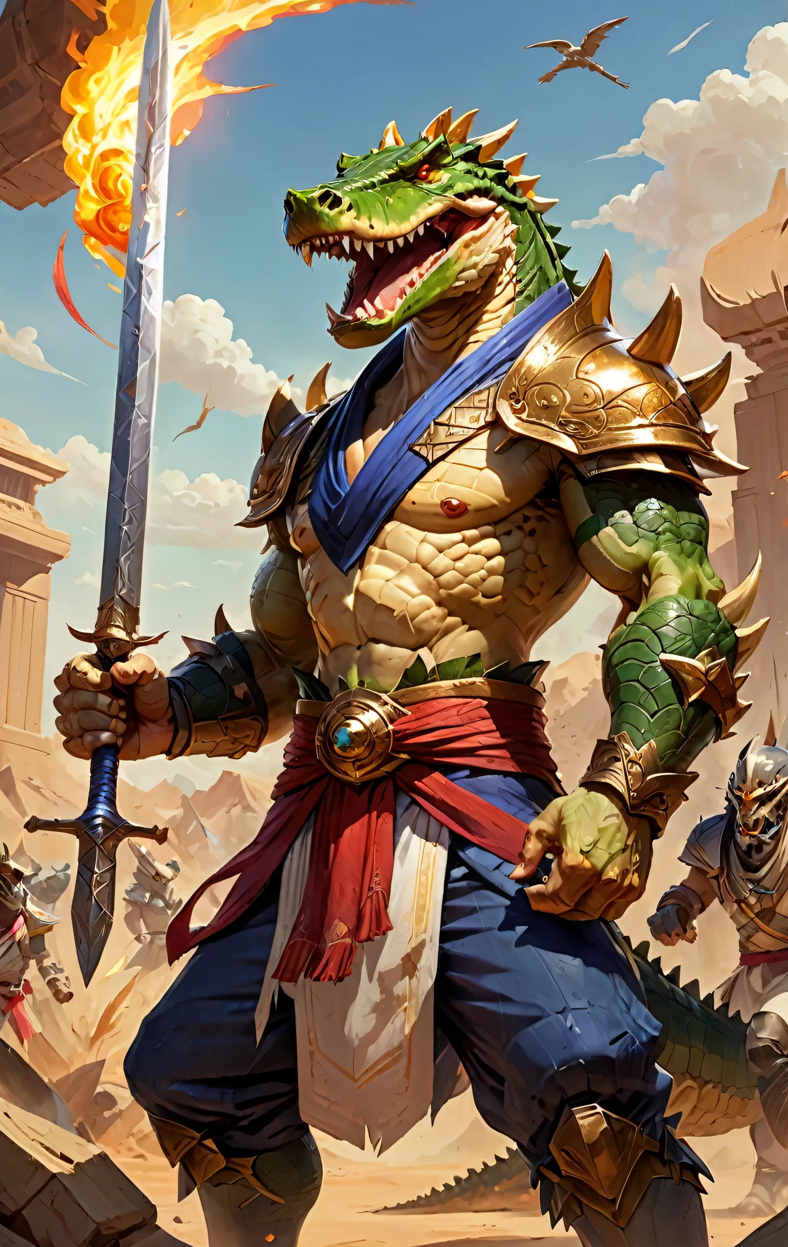 anime style, Depict Renekton, a towering and menacing crocodile champion from League of Legends. He is shown wielding a massive, ancient Egyptian-inspired blade, ready for combat in the top lane. Renekton's scales are rugged and battle-scarred, highlighting his experience and strength as a frontliner. The setting is a sun-scorched desert battlefield, emphasizing his dominance and resilience. His eyes burn with a fiery intensity, reflecting his aggressive early to mid-game playstyle,