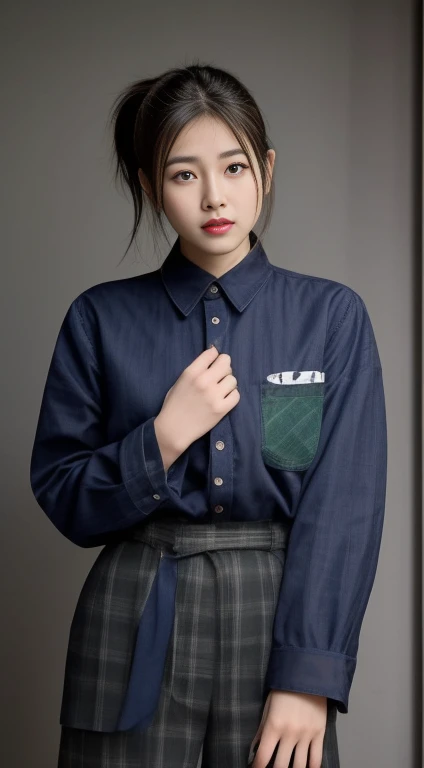 young asian woman, 25 years old, beautiful, Chest measurement 36 inches., ponytail,long, flowing, flowing up. A clear and detailed face, 88ก,Wear a red, green and blue plaid shirt. Brightly colored, expensive silk., In the open countryside there are thatched huts with red flowers.. different behavior gestures, Take photos 16k,Shot with a high quality Fuji camera..,45,000,000 pixels