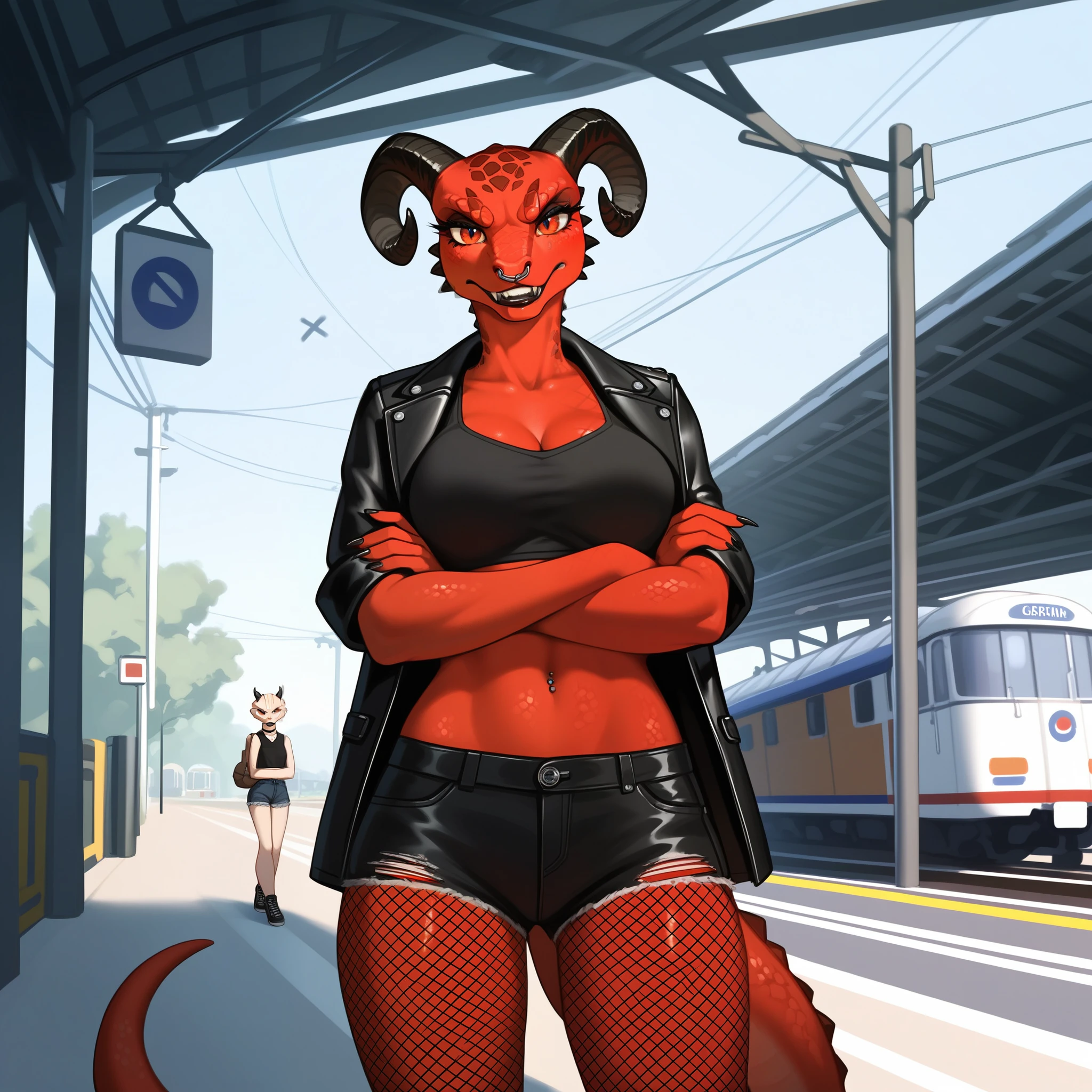 , score_9,score_8_up,score_7_up, anthro Argonian female from skyrim, kemono style, Anthro reptile girl, snout, all red skin, some black scales, red eyes, black lips, black horns, black ram horns, red tail, black lips, nose piercing, wearing black leather jacket, black crop top, black ripped short shorts, black fishnet leggings, gritting teeth, pouting, annoyed, front view, cowboy shot, front view , standing, outdoors, in an empty train station, ghetto train station, arms crossed
