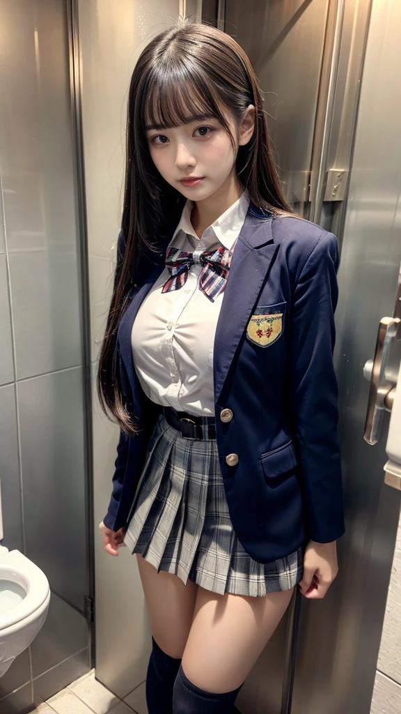 masterpiece, best quality, illustration, Super detailed, fine details, High resolution, 8K,wall paper, perfect dynamic composition,(Details High quality, realistic depiction of eyes:1.3), (Toilet cubicles:1.2), (urinal)、High school girl uniform、blazer 、Super Short Check Uniform Skirt、Navy blue high socks、garterbelts、 large breasts, expresses the roundness and softness of your chest, Don't expose it、Disturbed uniform, straight hair, black hair color, Big Natural Color Lip, perfect body shape, crying a little、Harajuku style、20 year old girl、cute type, beautiful legs, Gravure Idol