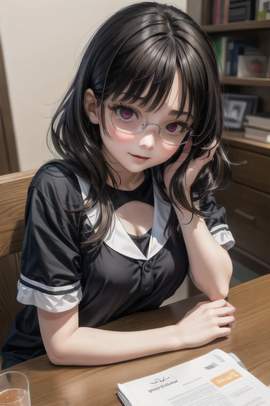 (Tabletop:1.0), (highest quality:1.4), (High resolution:1.2), From the side,Sharp contours, boyish, highest quality, masterpiece,Glasses,Voice of the Heart,20-year-old woman,yandere,Big Breasts,Chest to chest,Lying face down,Upper Body,Ecstasy,saliva,blush,Squint your eyes,Heterochromia iridis,Tuck up your clothes,lure