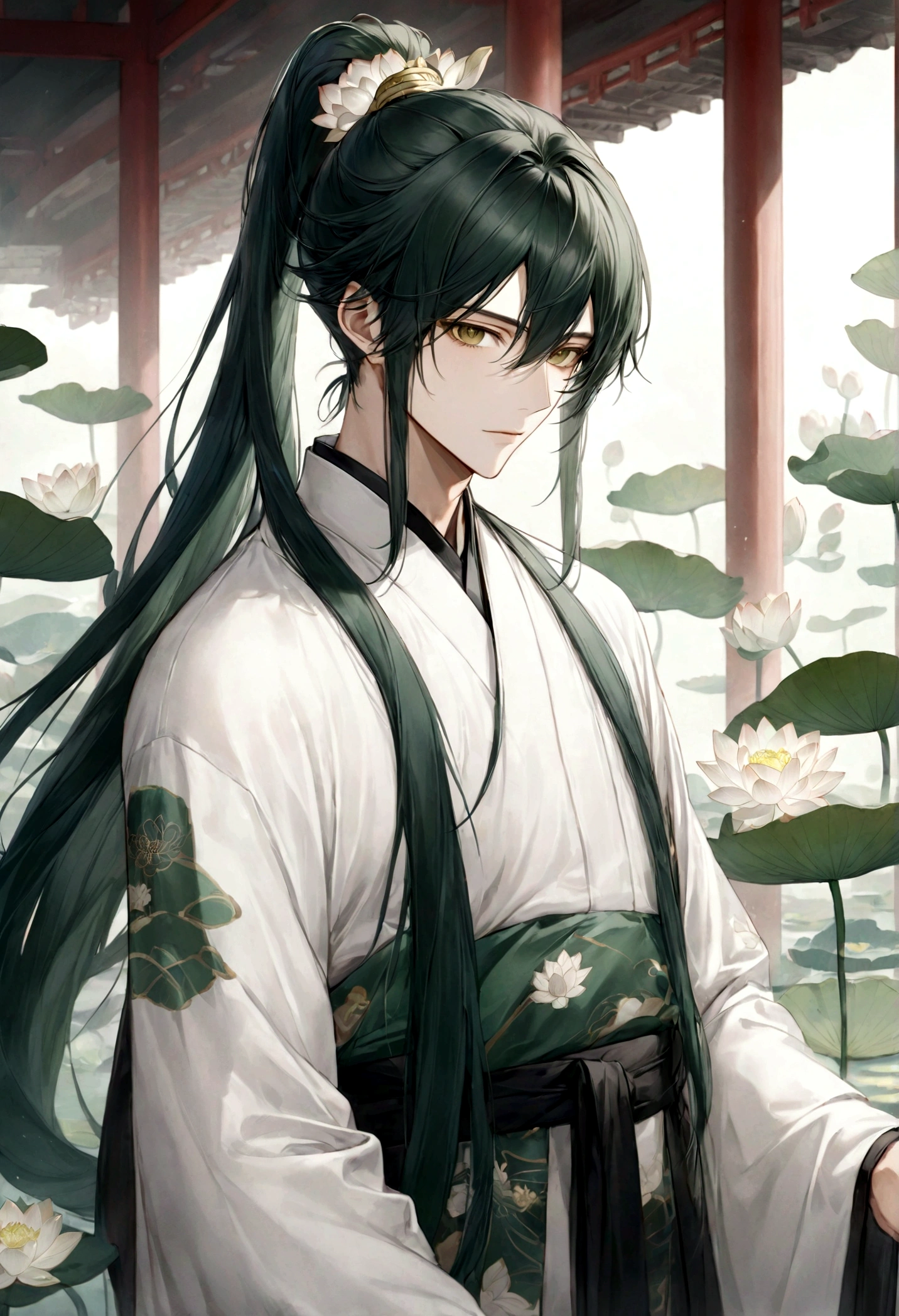 ((top-quality)), ((masterpiece)), ((ultra-detailliert)), (extremely delicate and beautiful), handsome man, dark green hair, long straight hair, high ponytail hairstyle, golden eyes, serene expression, wearing wuxia styled robes, sleeves are sheer and silky, white sleeves, white robes with green patterns, lotus flowers on robe, dark pants, white lotus flowers in the background
