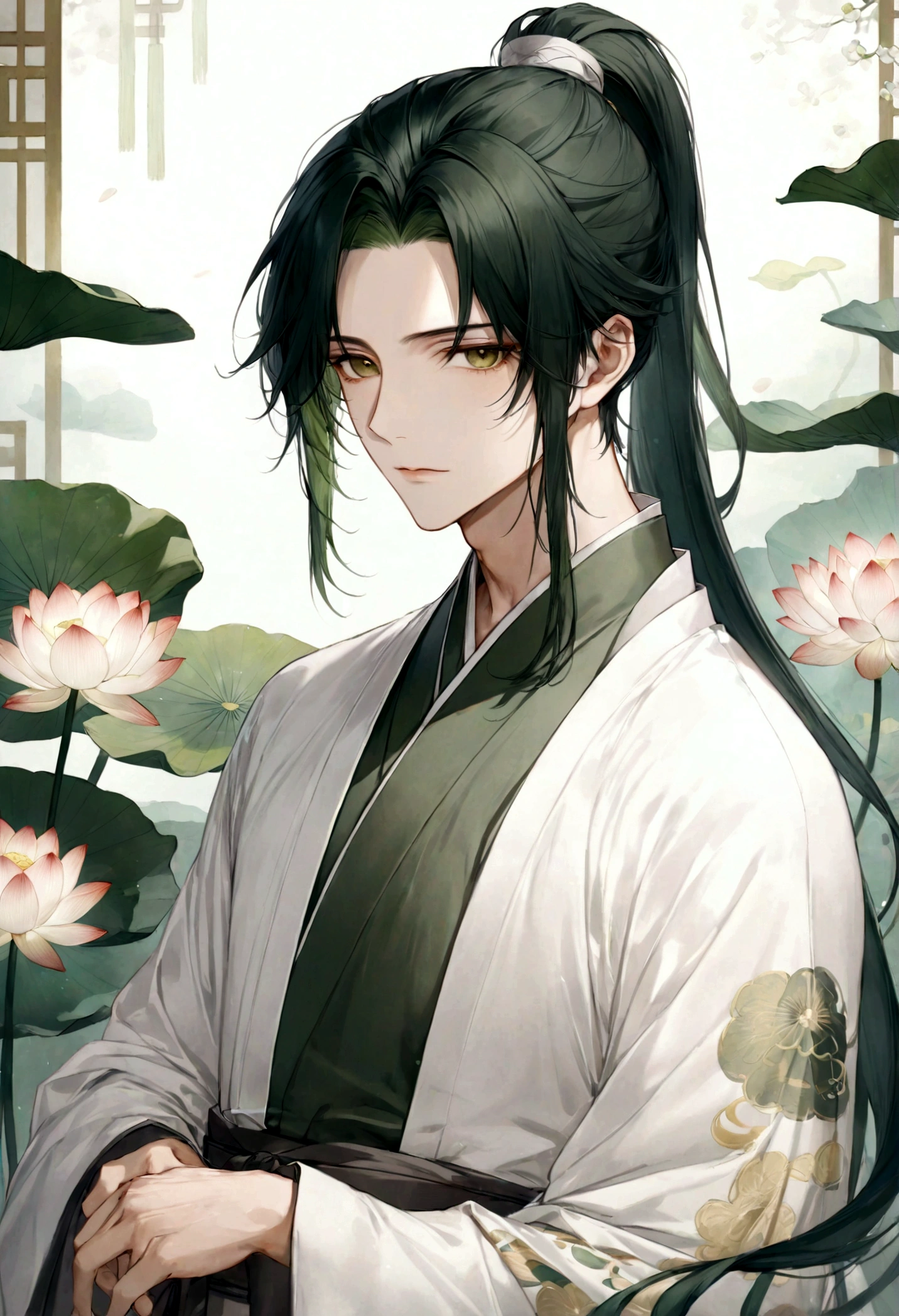 ((top-quality)), ((masterpiece)), ((ultra-detailliert)), (extremely delicate and beautiful), handsome man, dark green hair, long straight hair, high ponytail hairstyle, golden eyes, serene expression, wearing wuxia styled robes, sleeves are sheer and silky, white sleeves, white robes with green patterns, lotus flowers on robe, dark pants, white lotus flowers in the background