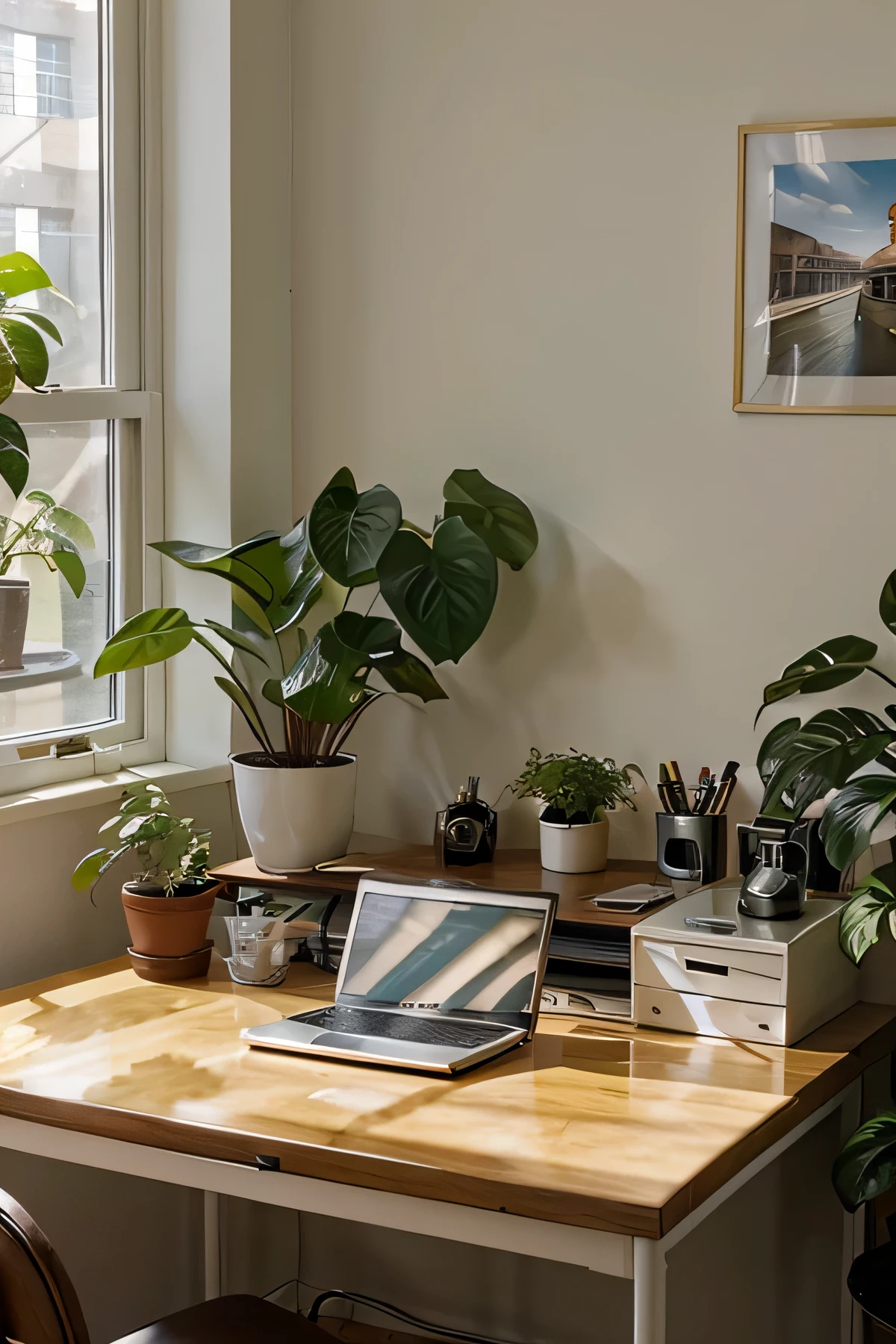 sunlit desk room with apple computer open and lots of plants