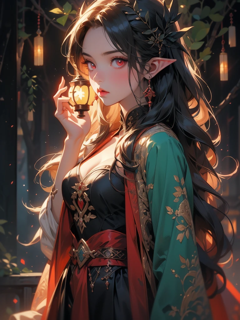anime girl with red eyes holding a glowing lantern in a dark forest, dark elf, dark fantasy style art, dark elf princess, dnd portrait of a tiefling, epic rpg portrait, alena aenami and artgerm, extremely detailed artgerm, epic fantasy art style, in style of dark fantasy art, epic fantasy digital art style, with red glowing eyes